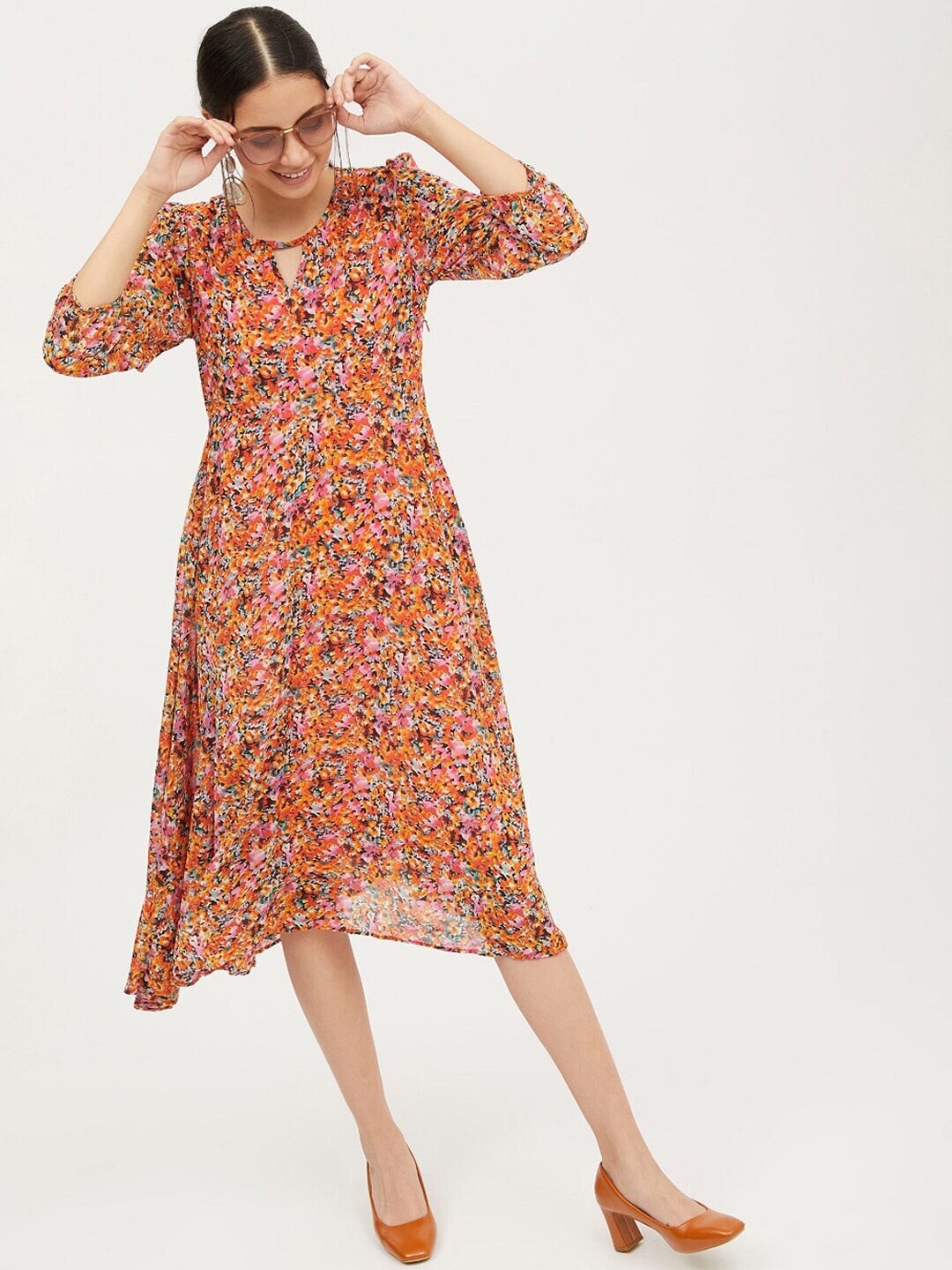 

KALINI Floral Chiffon A-Line Midi Dress, Orange