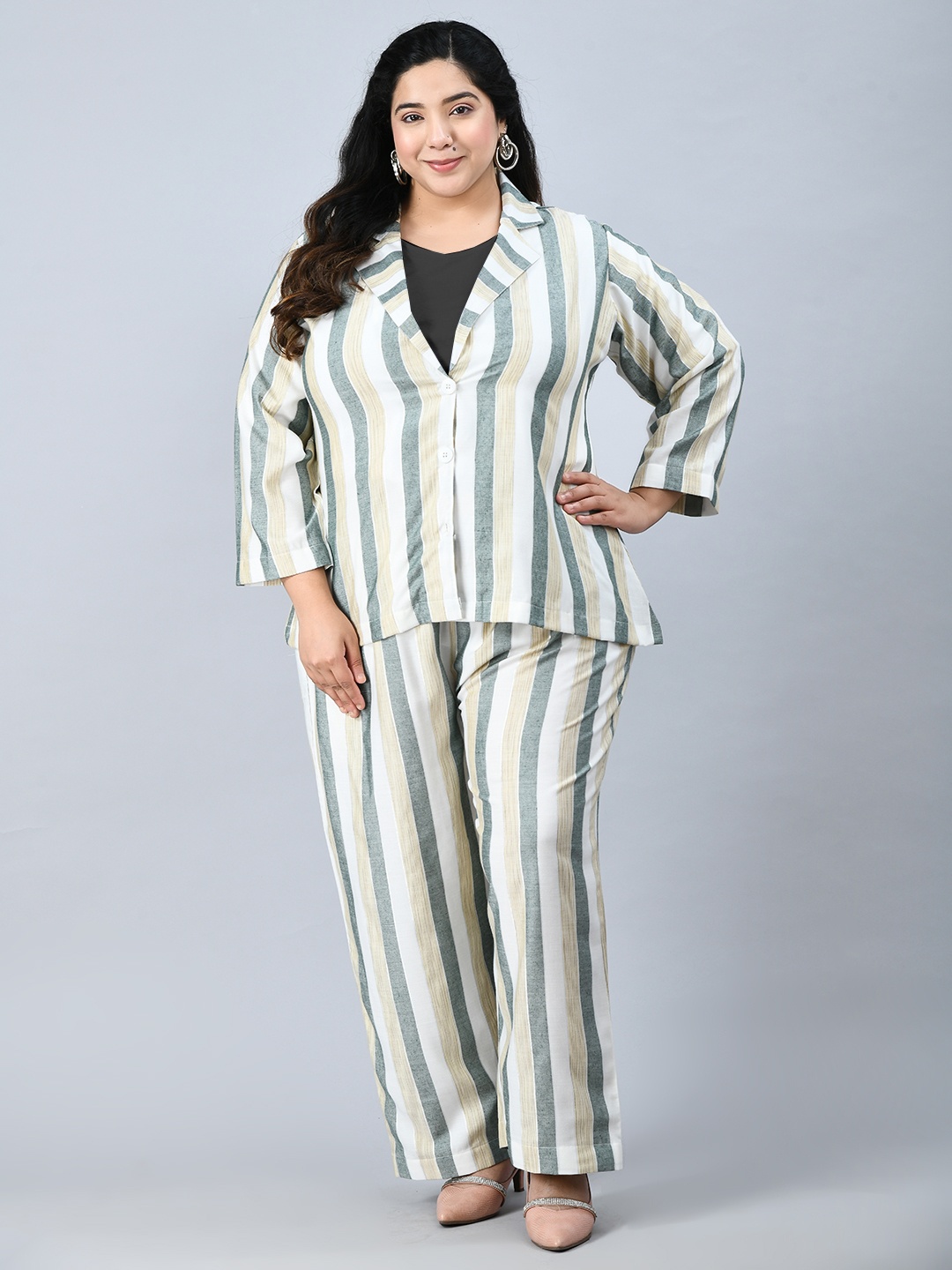 PrettyPlus by Desinoor.com Women Plus Size Striped Coat with Trousers, White