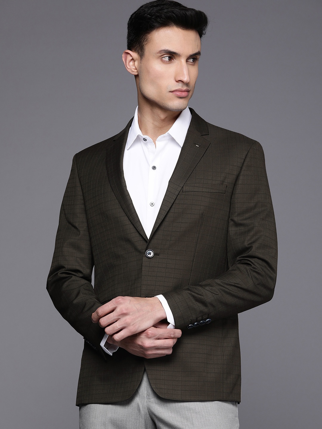 

Louis Philippe Men Checked Slim Fit Single Breasted Blazer, Charcoal