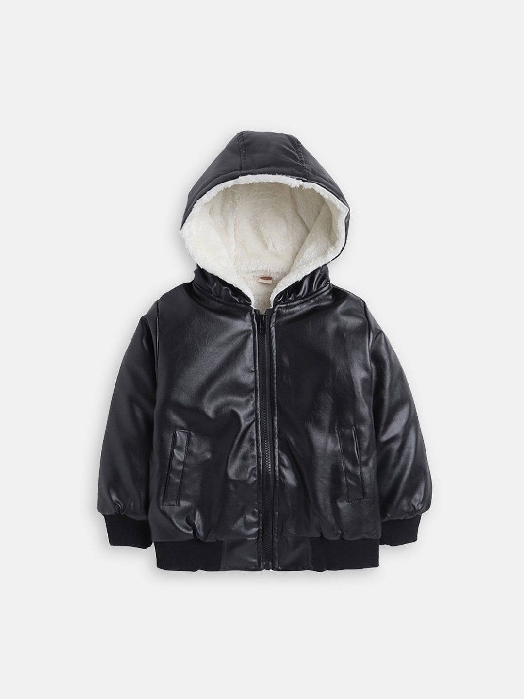 

Hopscotch Kids Boys Hooded Leather Jacket, Black