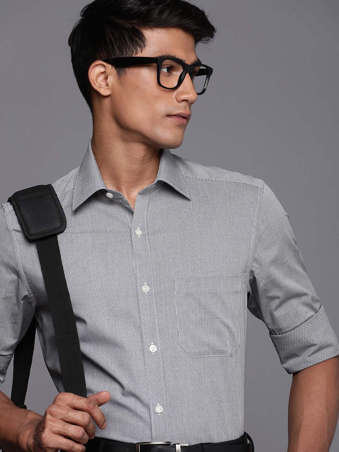 

Louis Philippe Men Pure Cotton Classic Fit Checked Spread Collar Formal Shirt, Grey