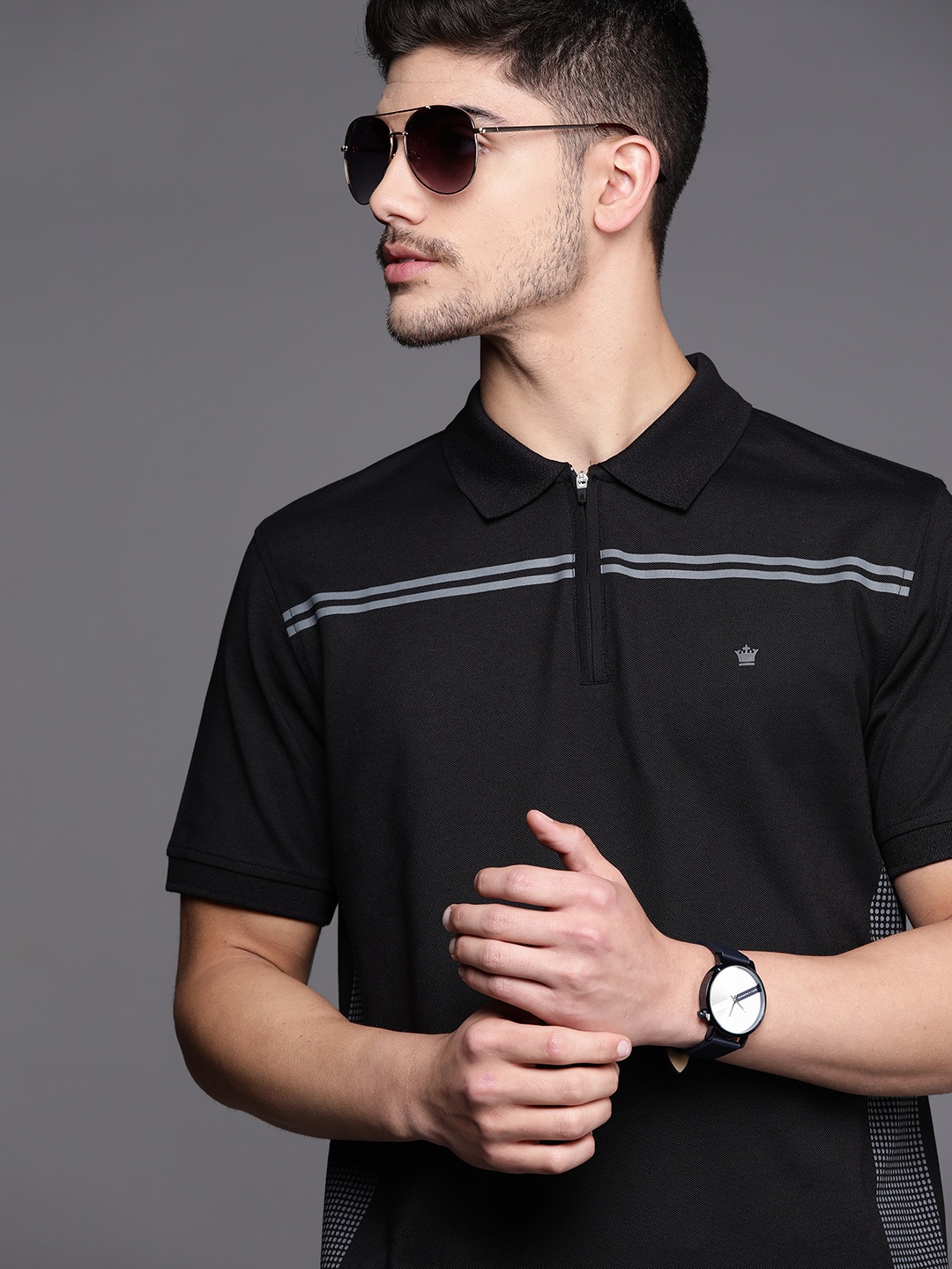 

Louis Philippe Men Printed Spread Collar T-shirt, Black