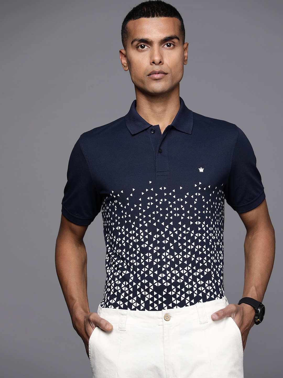 

Louis Philippe Men Printed Polo Collar T-shirt, Navy blue