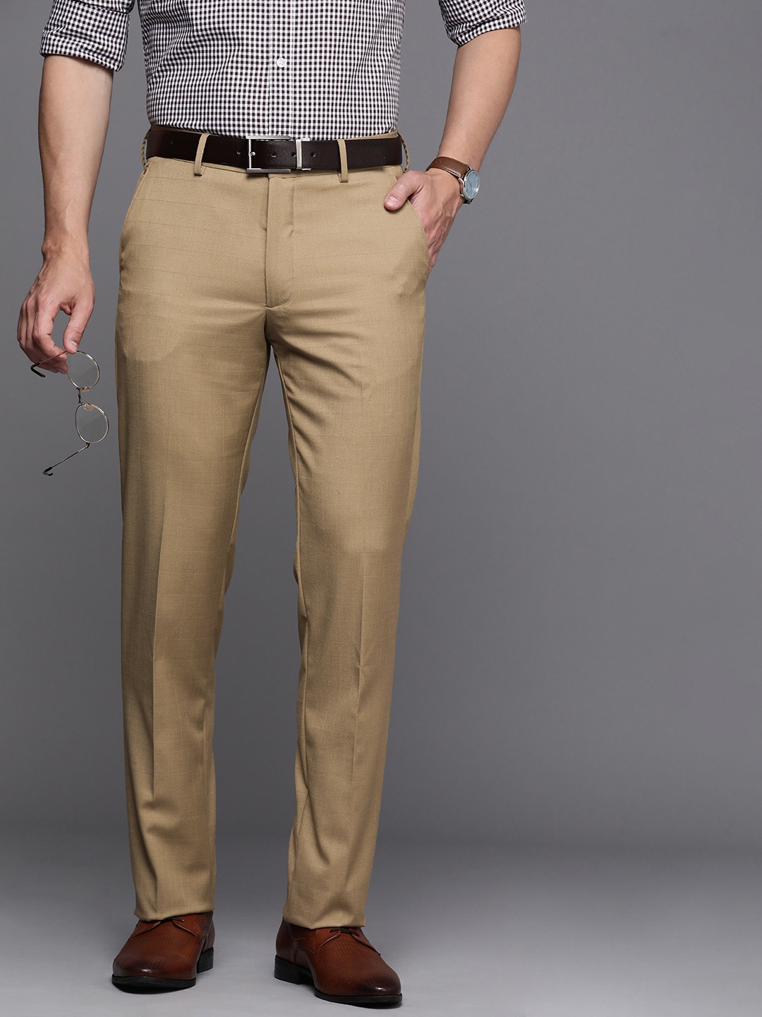 

Louis Philippe Men Checked Slim Fit Formal Trousers, Beige