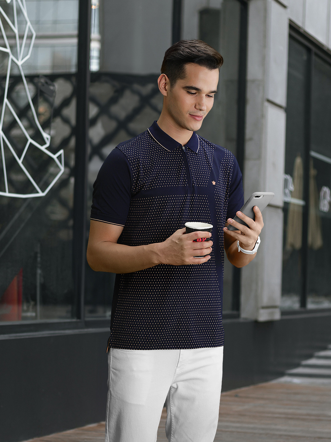 

Louis Philippe Men Printed Polo Collar T-shirt, Navy blue