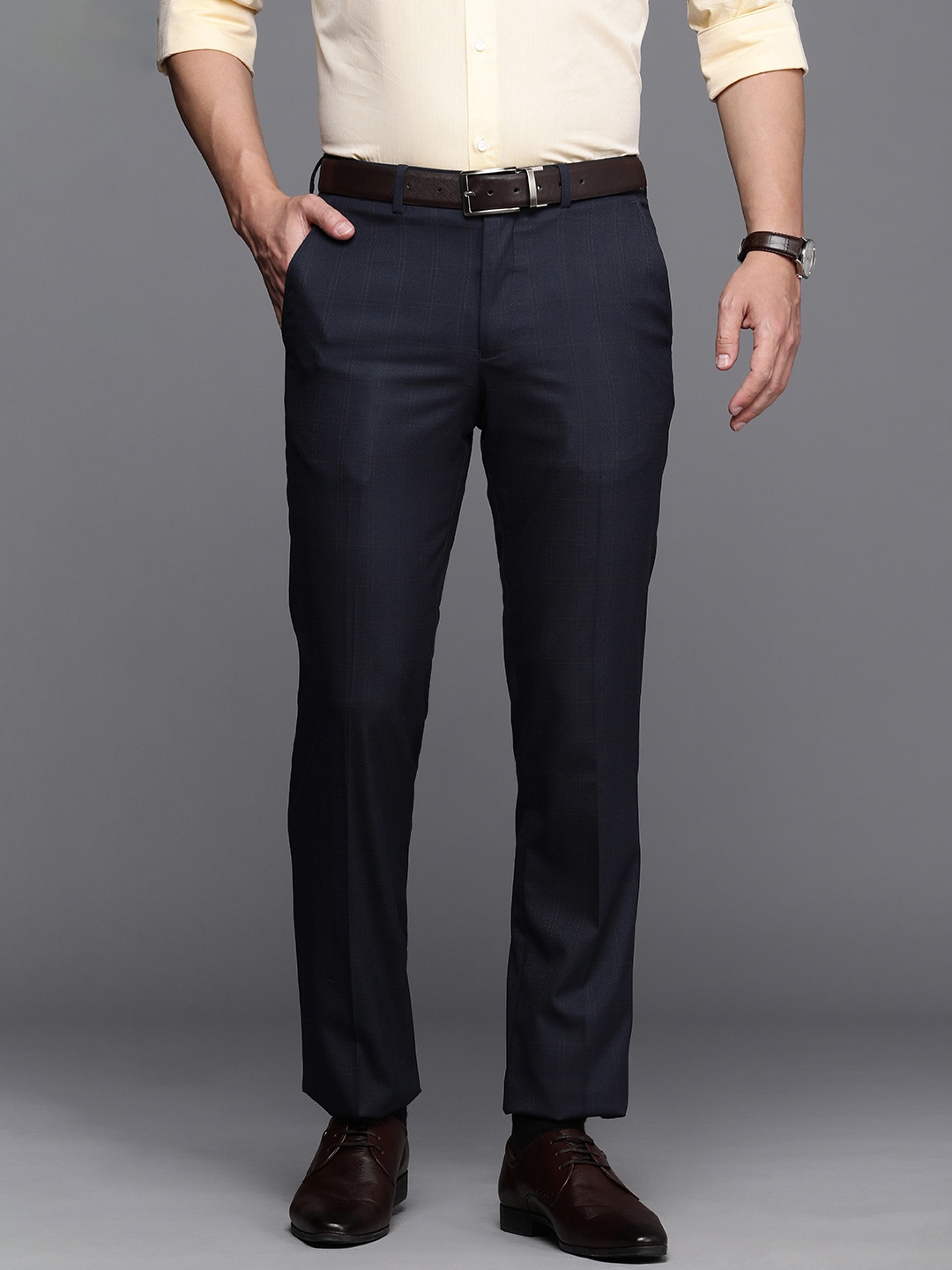 

Louis Philippe Men Checked Slim Fit Trousers, Navy blue