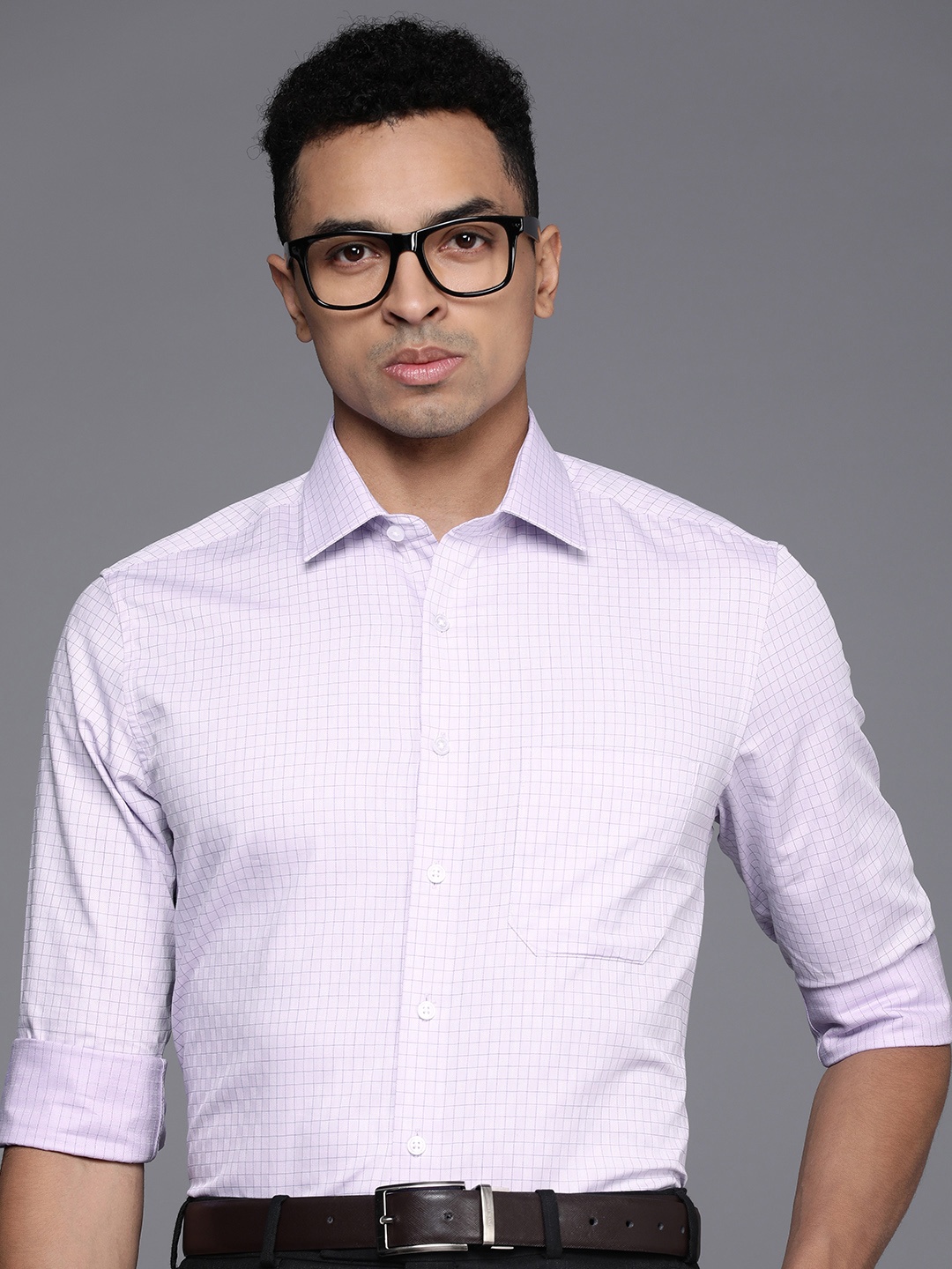 

Louis Philippe Men Pure Cotton Slim Fit Grid Tattersall Checked Formal Shirt, Lavender