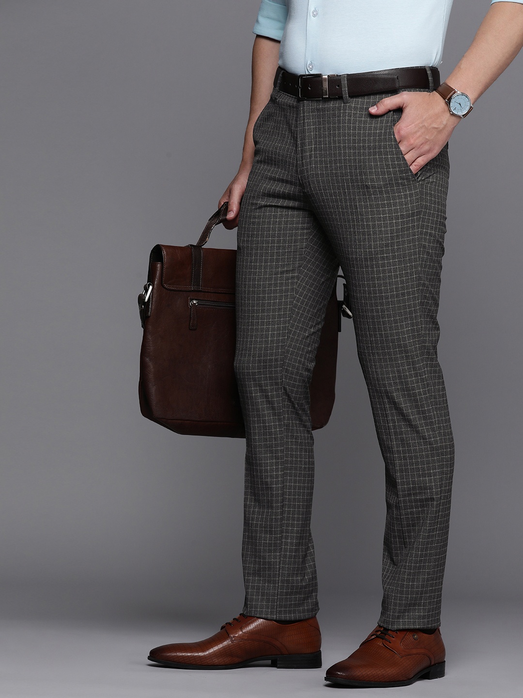 

Louis Philippe Men Charcoal Checked Super Slim Fit Trousers
