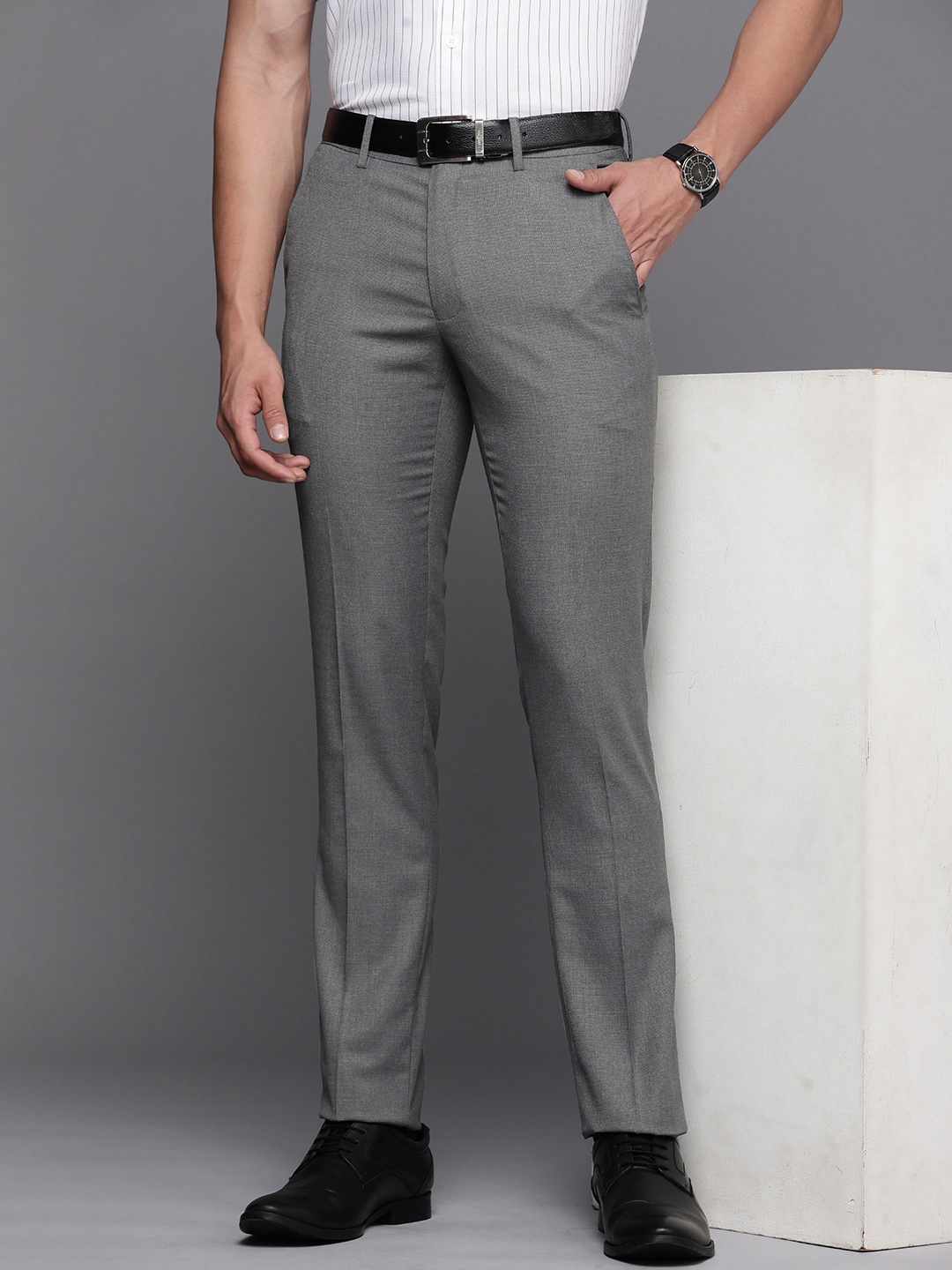 

Louis Philippe Men Textured Super Slim Fit Formal Trousers, Grey