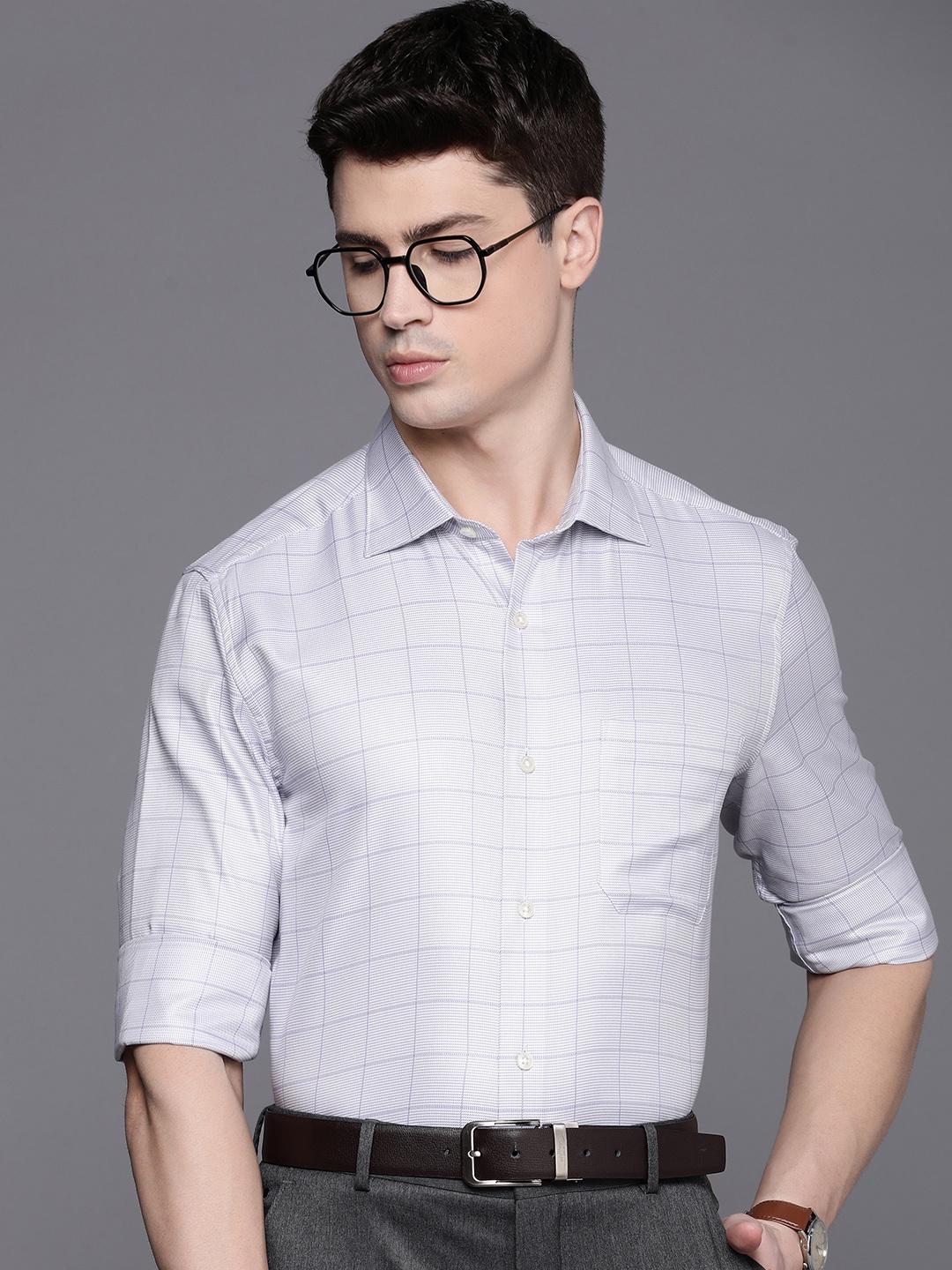 

Louis Philippe Men Pure Cotton Classic Fit Checked Spread Collar Formal Shirt, Grey