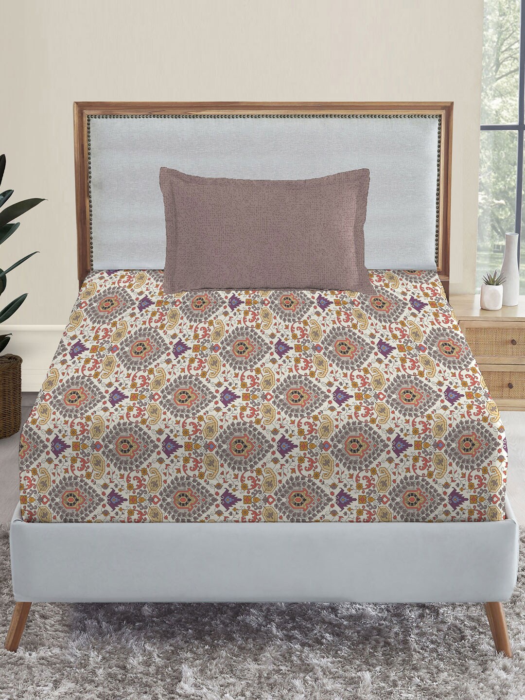 

MYTRIDENT Beige Orange Floral 144 TC Single Bedsheet with 2 Pillow Covers