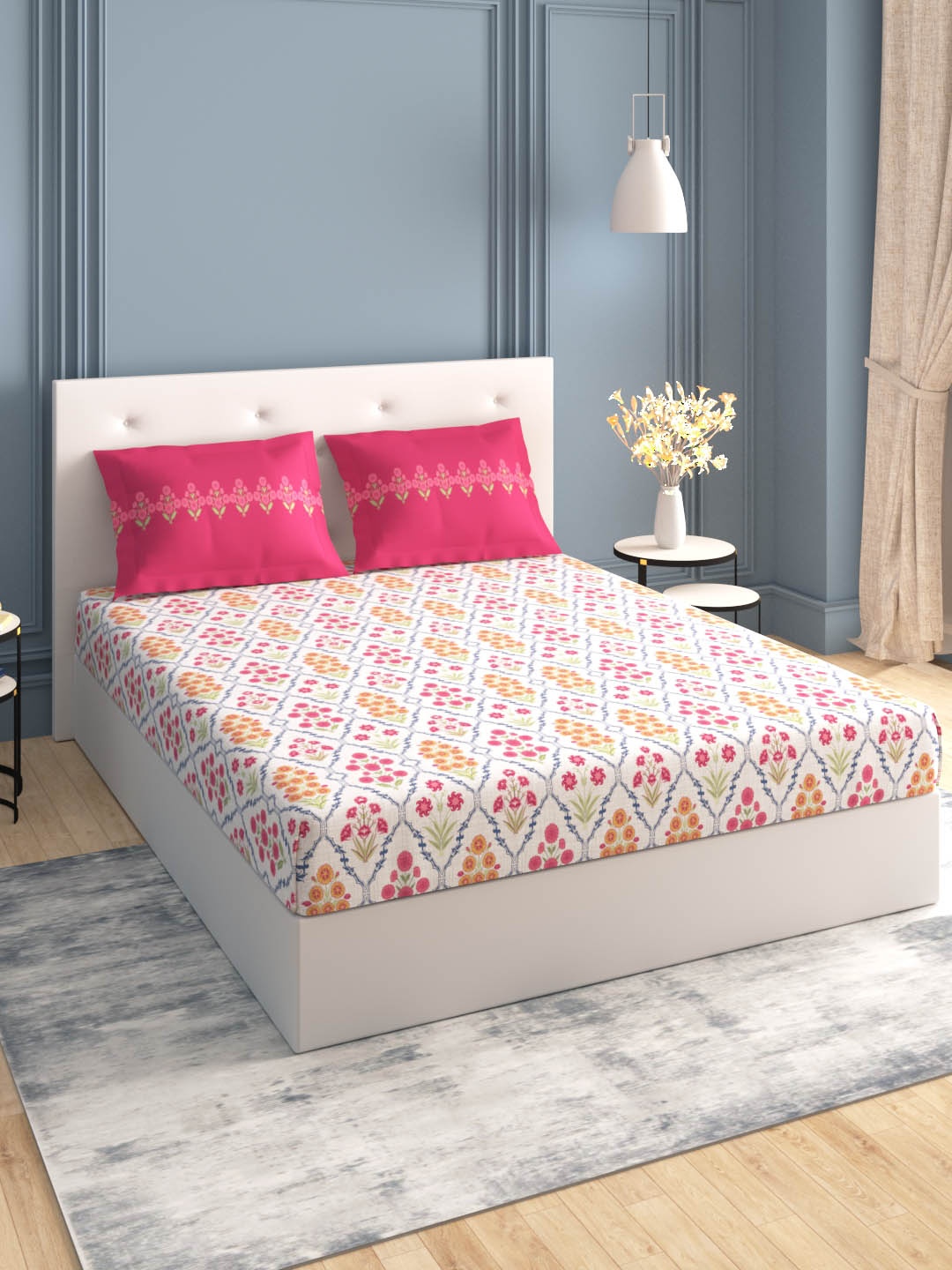 

MYTRIDENT Cotton Floral 144 TC Queen Bedsheet with 2 Pillow Covers, Pink