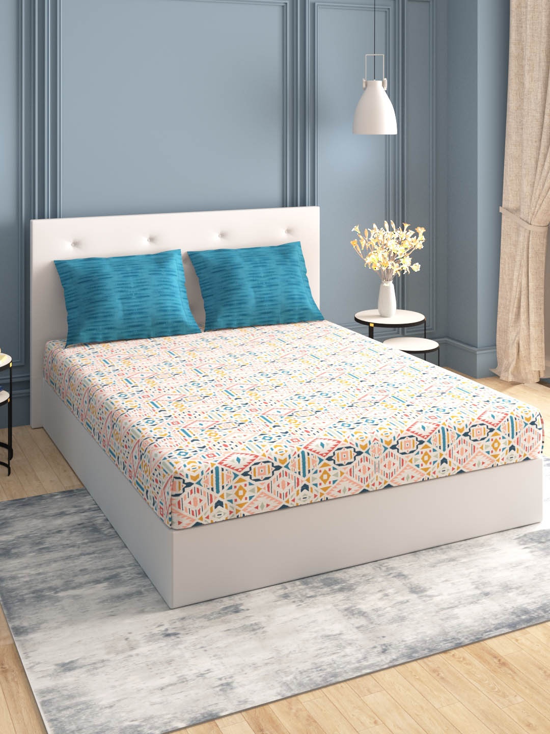 

MYTRIDENT Cotton Geometric 144 TC Queen Bedsheet with 2 Pillow Covers, Blue