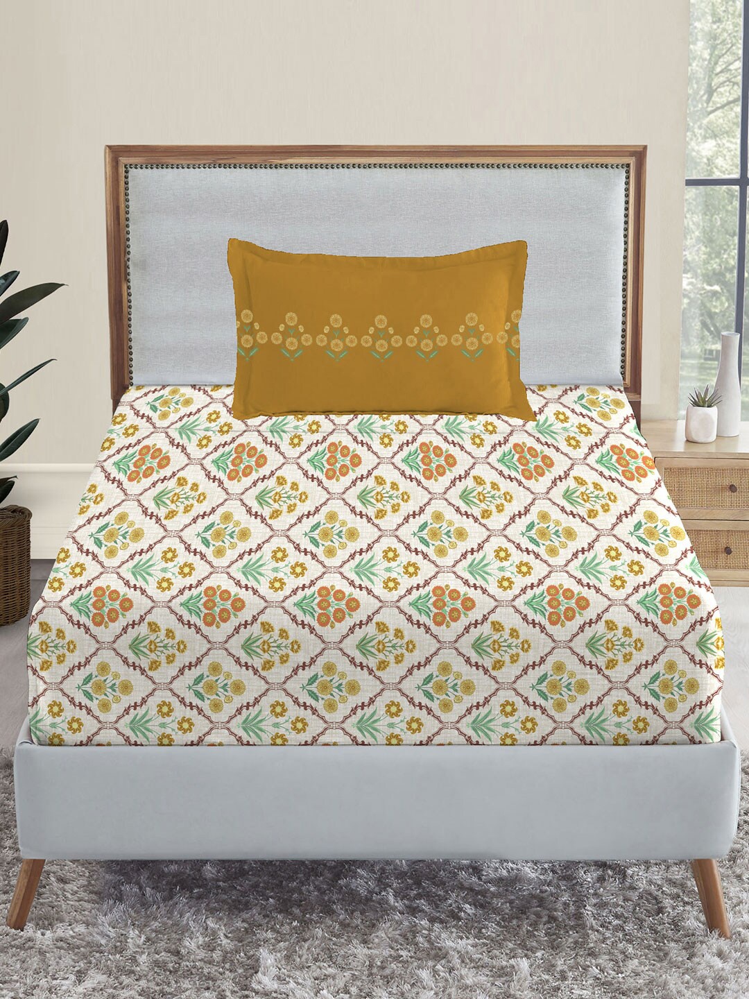 

MYTRIDENT Off White Mustard Yellow Printed 144 TC Single Bedsheet with 1 Pillow Cover