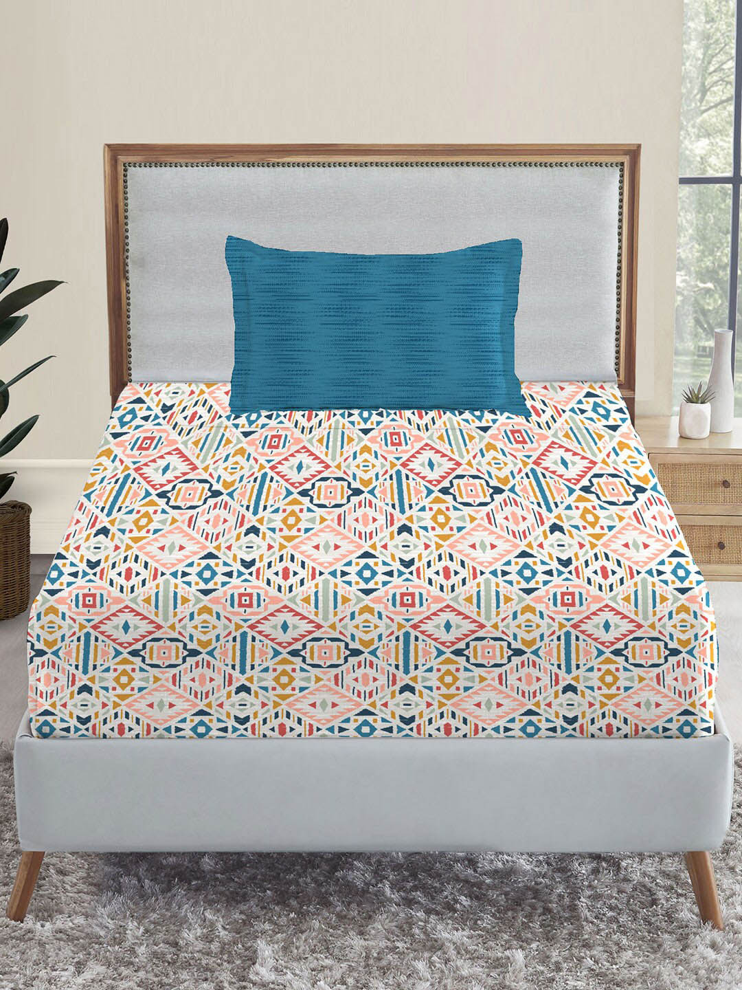 

MYTRIDENT White Pink Printed 144 TC Pure Cotton Single Bedsheet with 1 Pillow Cover