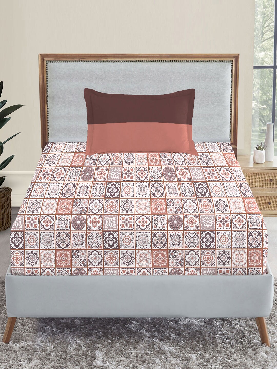 

MYTRIDENT Orange Brown Geometric 144 TC Pure Cotton Single Bedsheet with 1 Pillow Covers