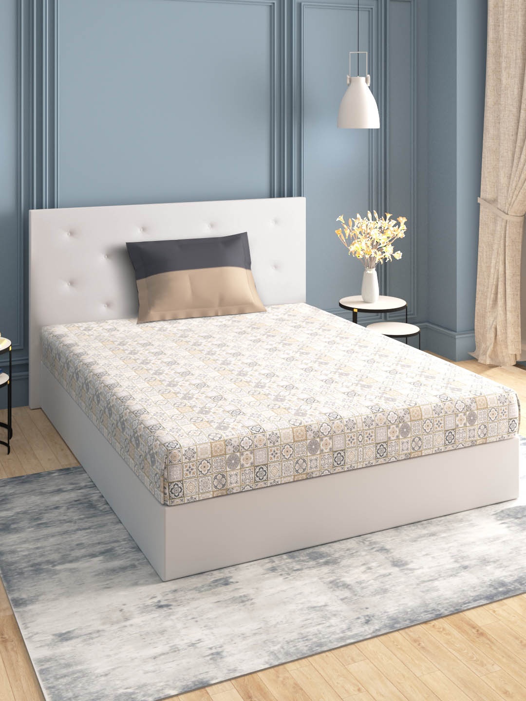 

MYTRIDENT Grey Beige Geometric 144 TC Pure Cotton Single Bedsheet with 2 Pillow Covers