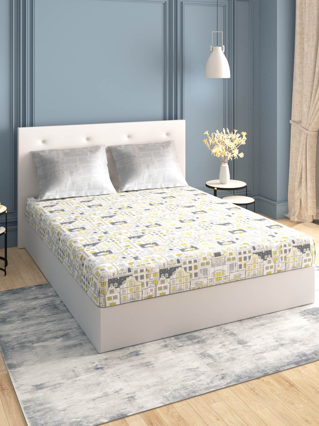 

MYTRIDENT Street Style Grey Dusk & Dawn Flat 144TC Queen Cotton Bedsheet Set