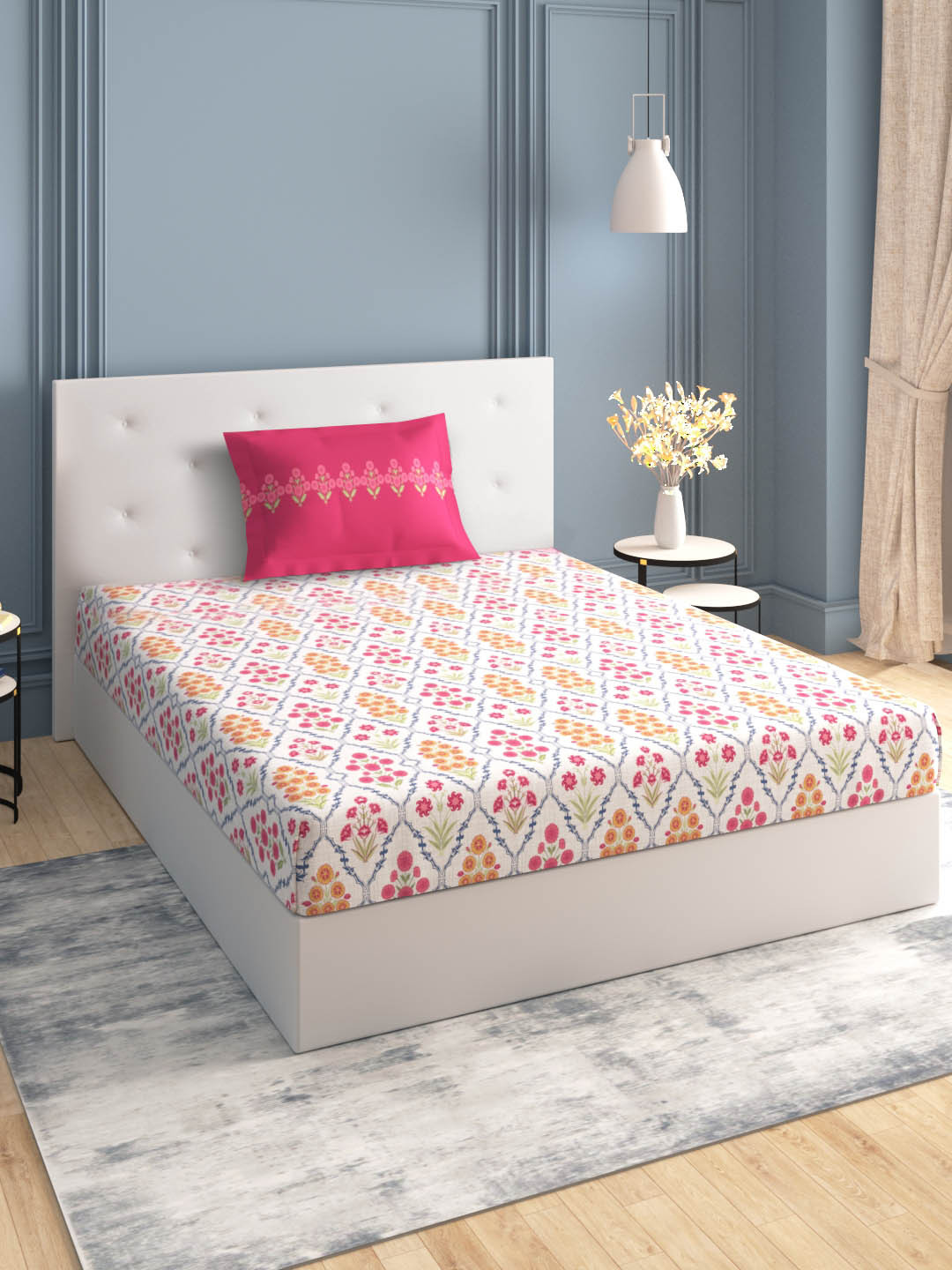 

MYTRIDENT Off White Pink Floral 144 TC Pure Cotton Single Bedsheet with Pillow Cover