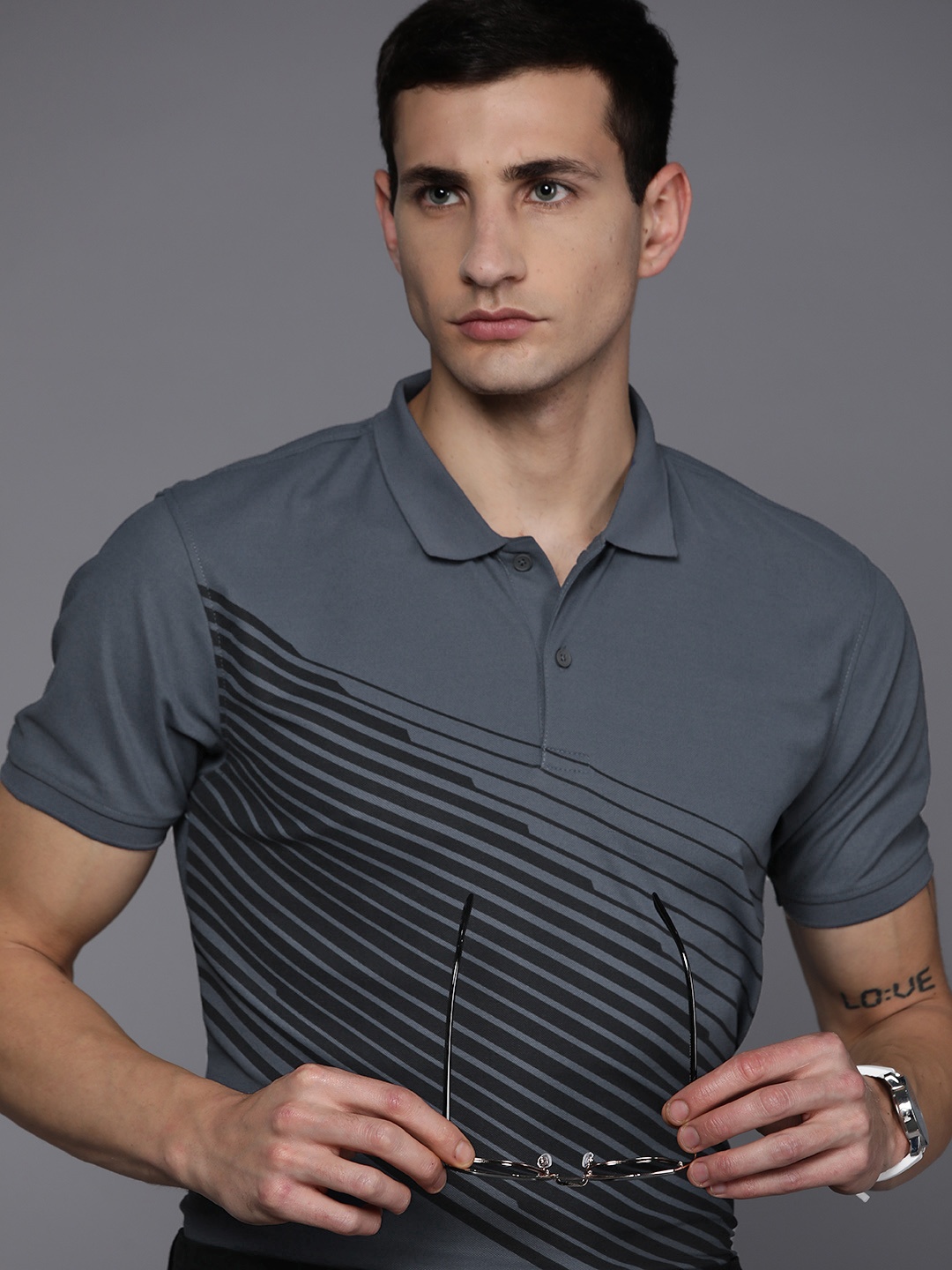 

Louis Philippe Ath Work Men Striped Polo Collar Slim Fit T-shirt, Charcoal