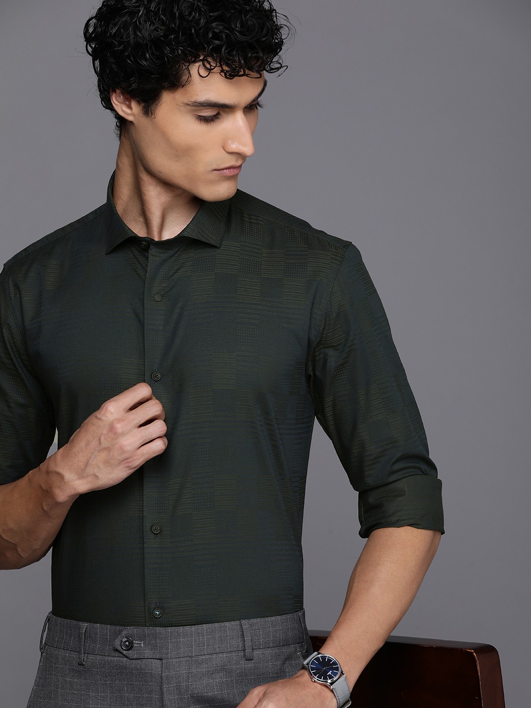 

Louis Philippe Ath.Work Super Slim Fit Checked Semiformal Shirt, Green