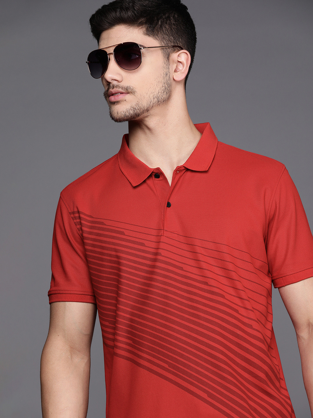 

Louis Philippe Ath Work Men Striped Polo Collar Slim Fit T-shirt, Red