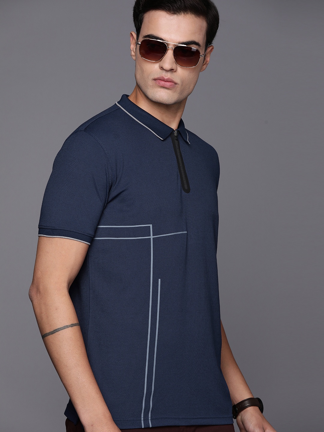 

Louis Philippe Ath Work Variegated Striped Polo Collar Slim Fit T-shirt, Navy blue