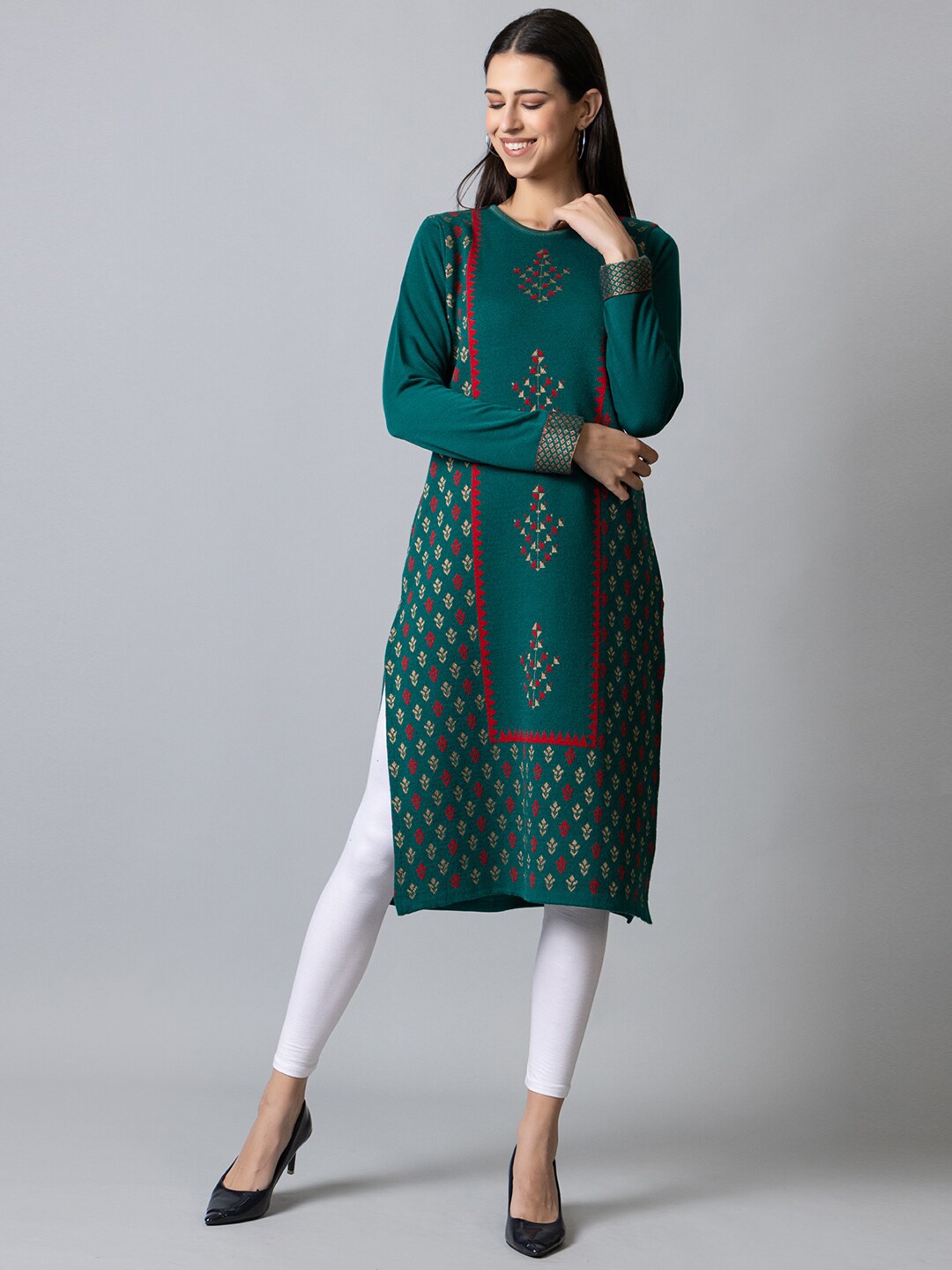 

KEIKO Women Ethnic Motifs Printed Jacquard Acrylic Kurta, Green