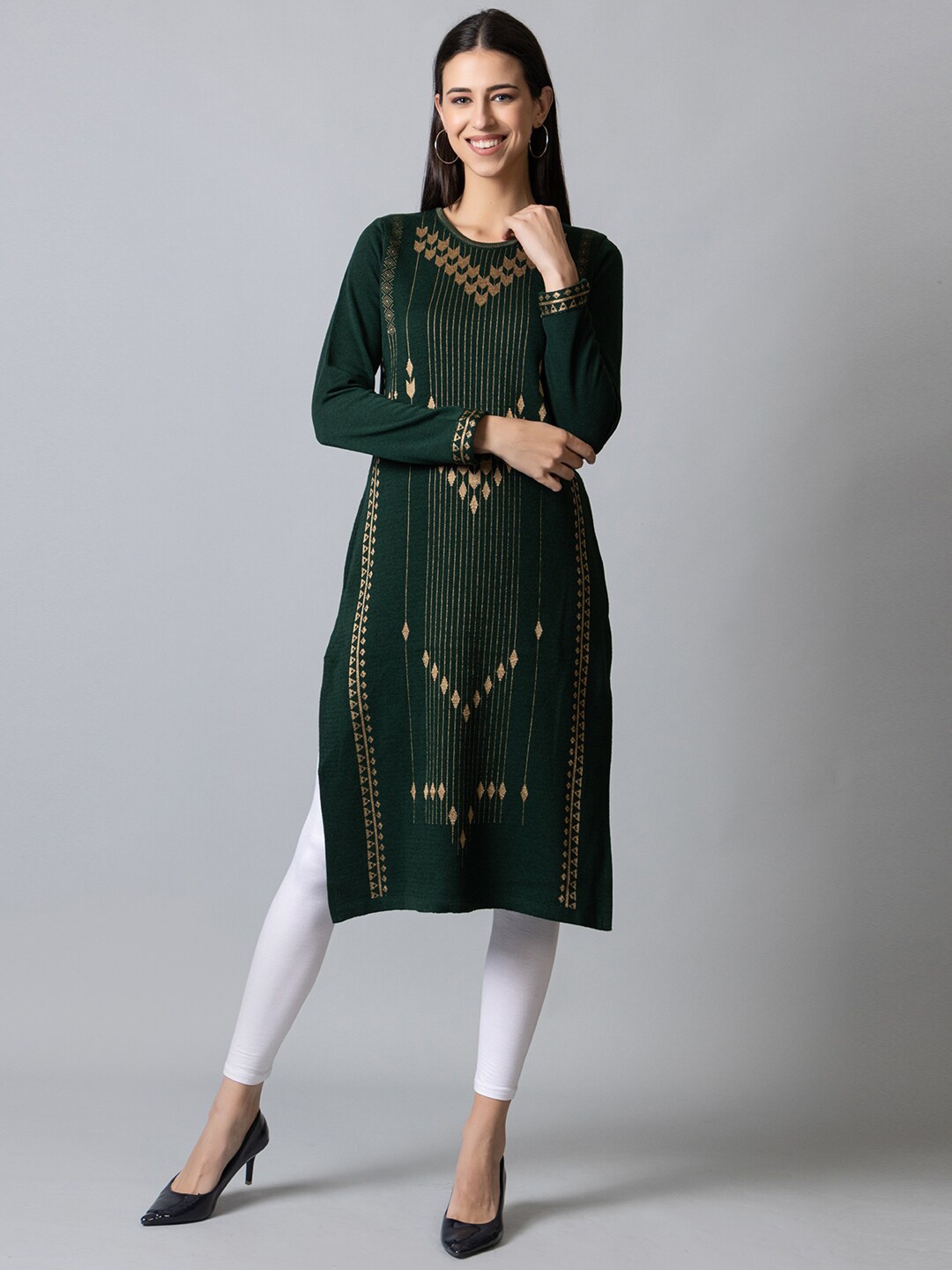

KEIKO Women Geometric Printed Jacquard Acrylic Kurta, Green