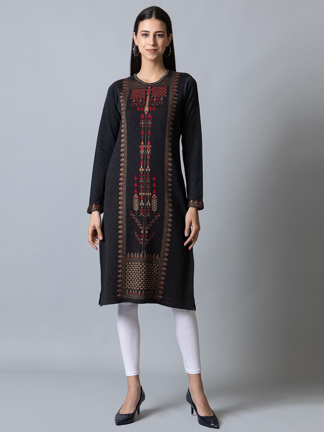 

KEIKO Women Ethnic Motifs Printed Jacquard Acrylic Kurta, Charcoal