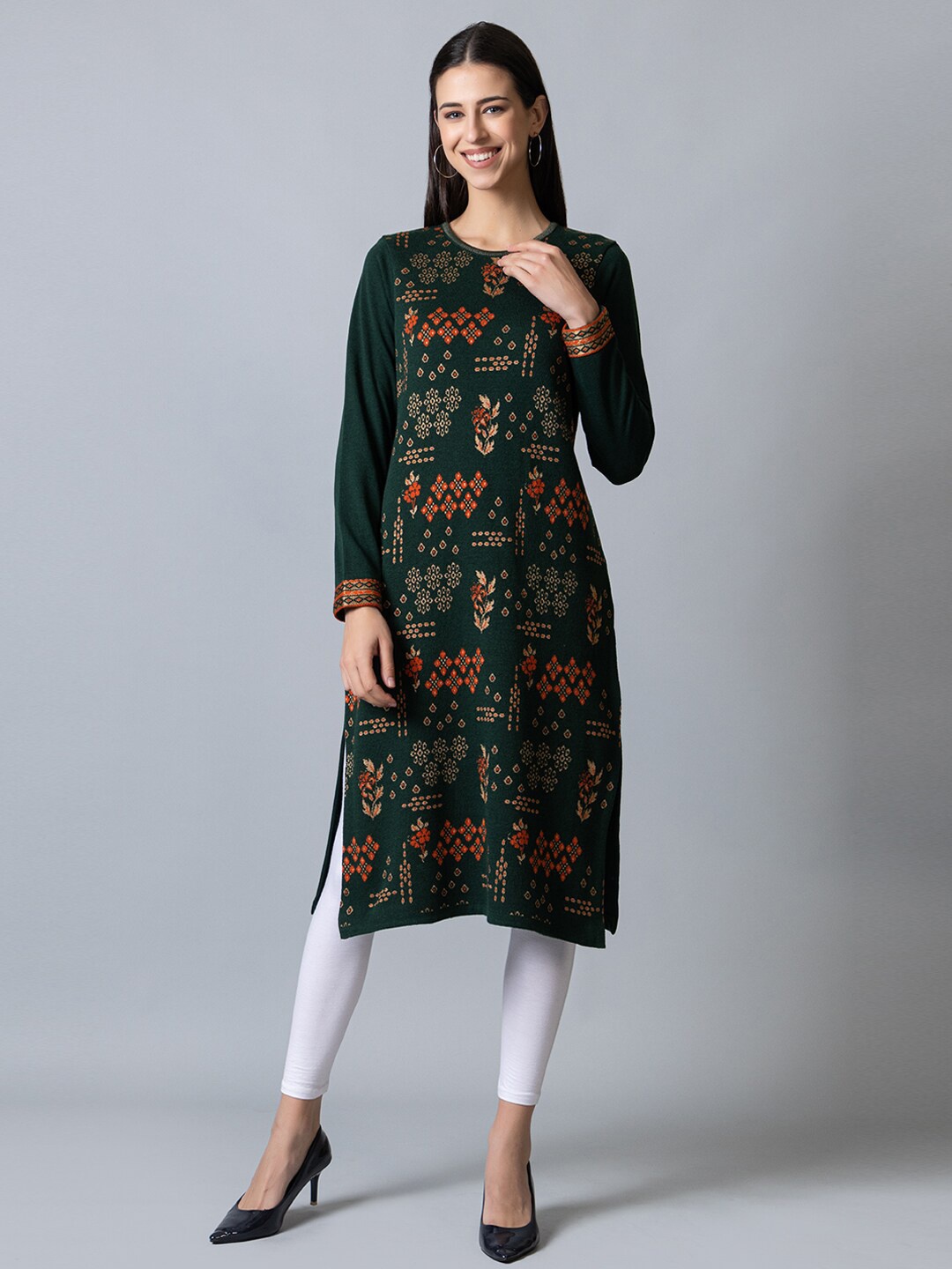 

KEIKO Women Floral Printed Jacquard Acrylic Kurta, Green