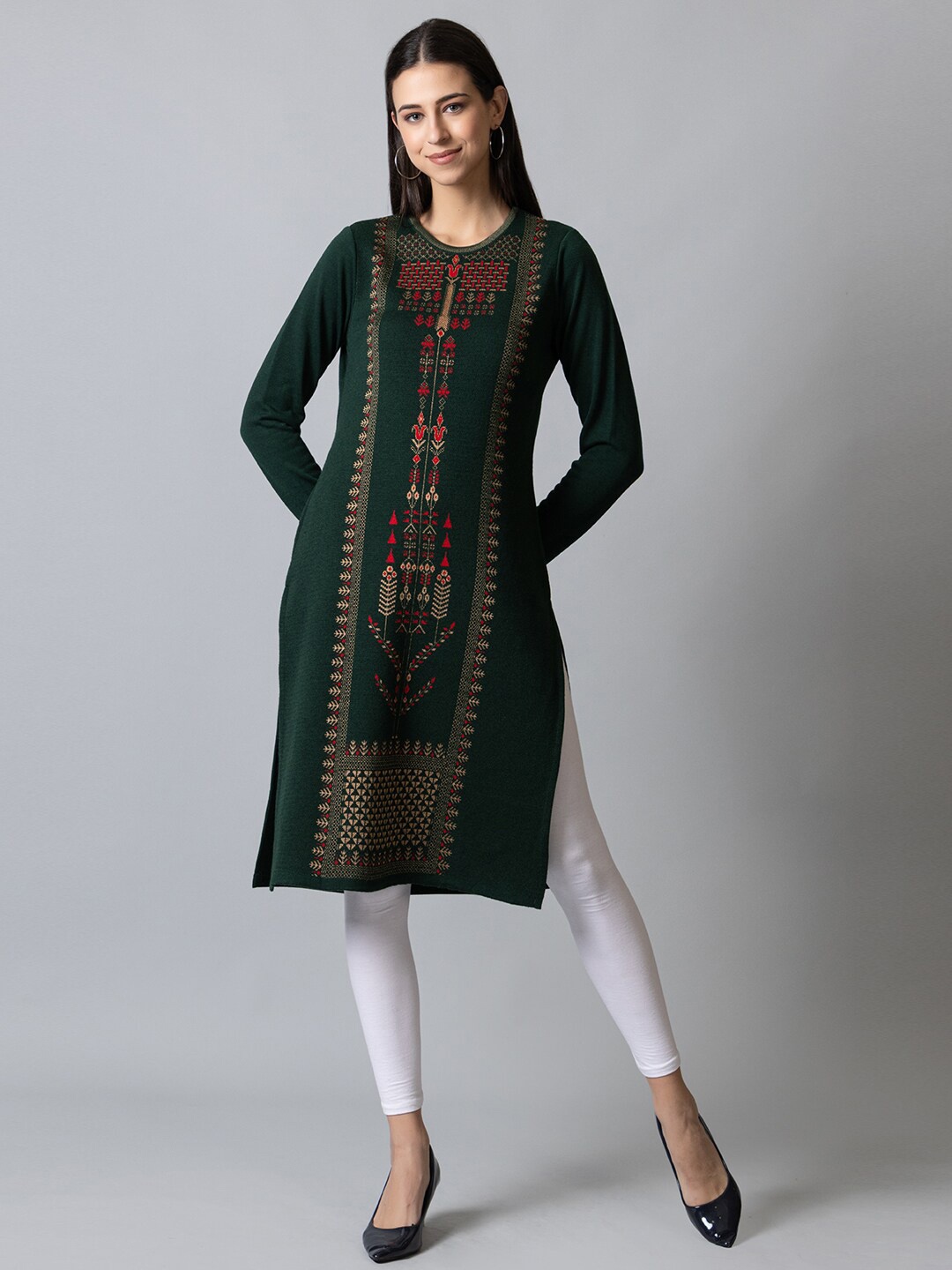 

KEIKO Women Floral Printed Jacquard Acrylic Kurta, Green