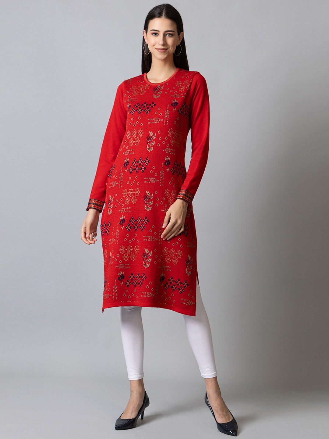

KEIKO Women Floral Printed Jacquard Acrylic Kurta, Red