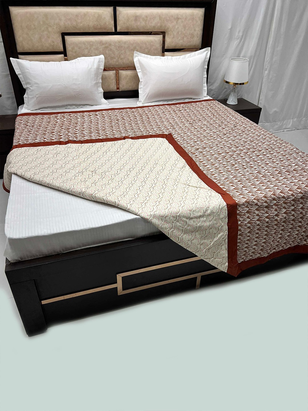 

Pure Decor White & Brown Geometric AC Room 210 GSM Pure Cotton Reversible Double Bed Dohar