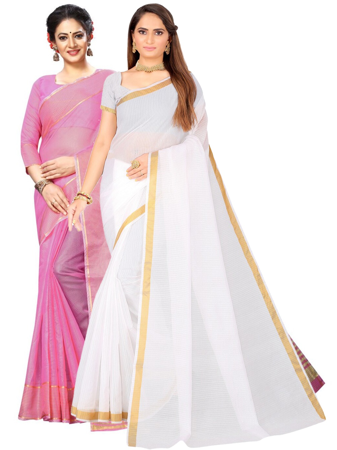 

KALINI Pack Of 2 Zari Ilkal Saree With Blouse, White