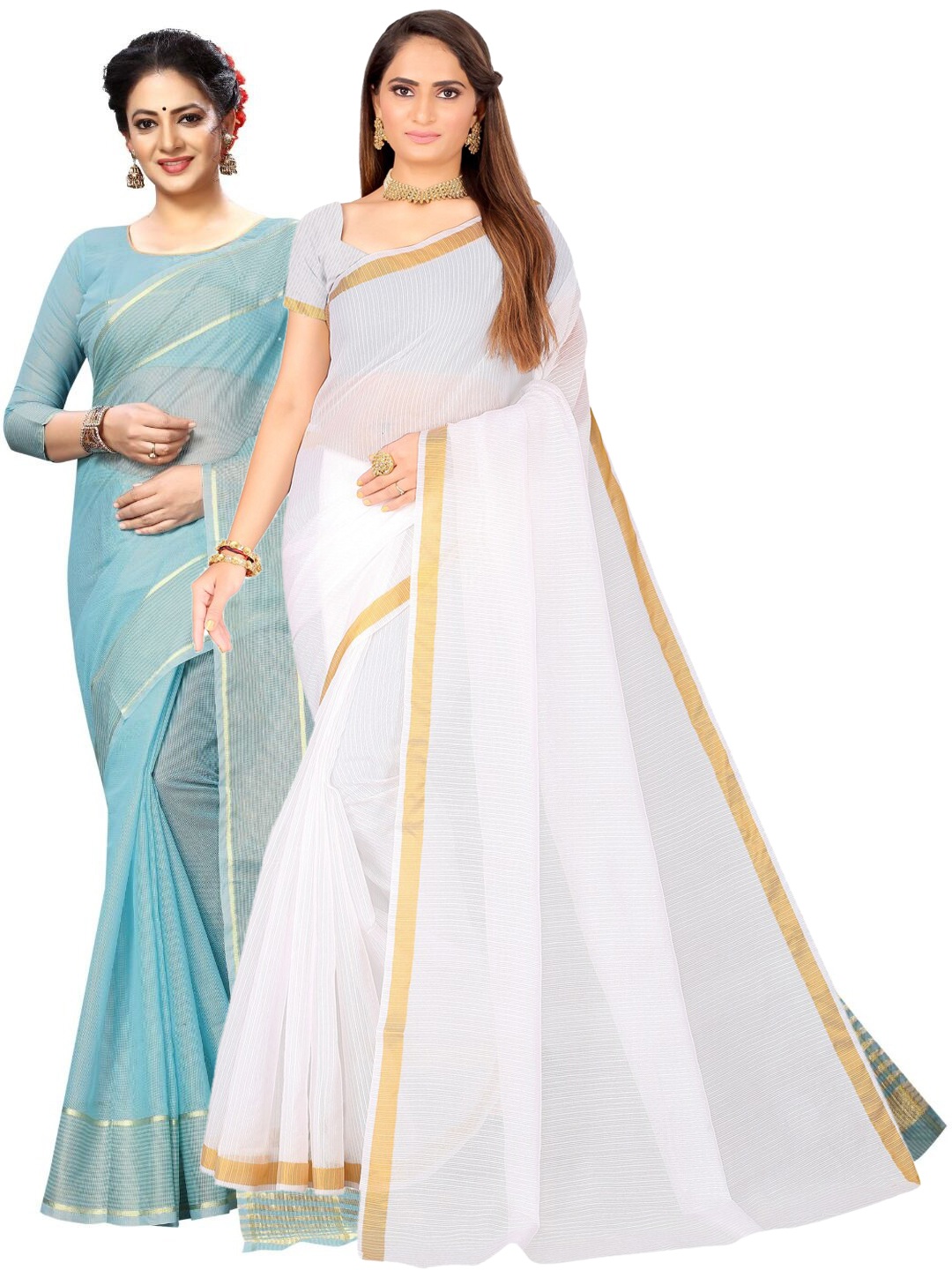 

KALINI Pack of 2 Zari Ilkal Saree, White