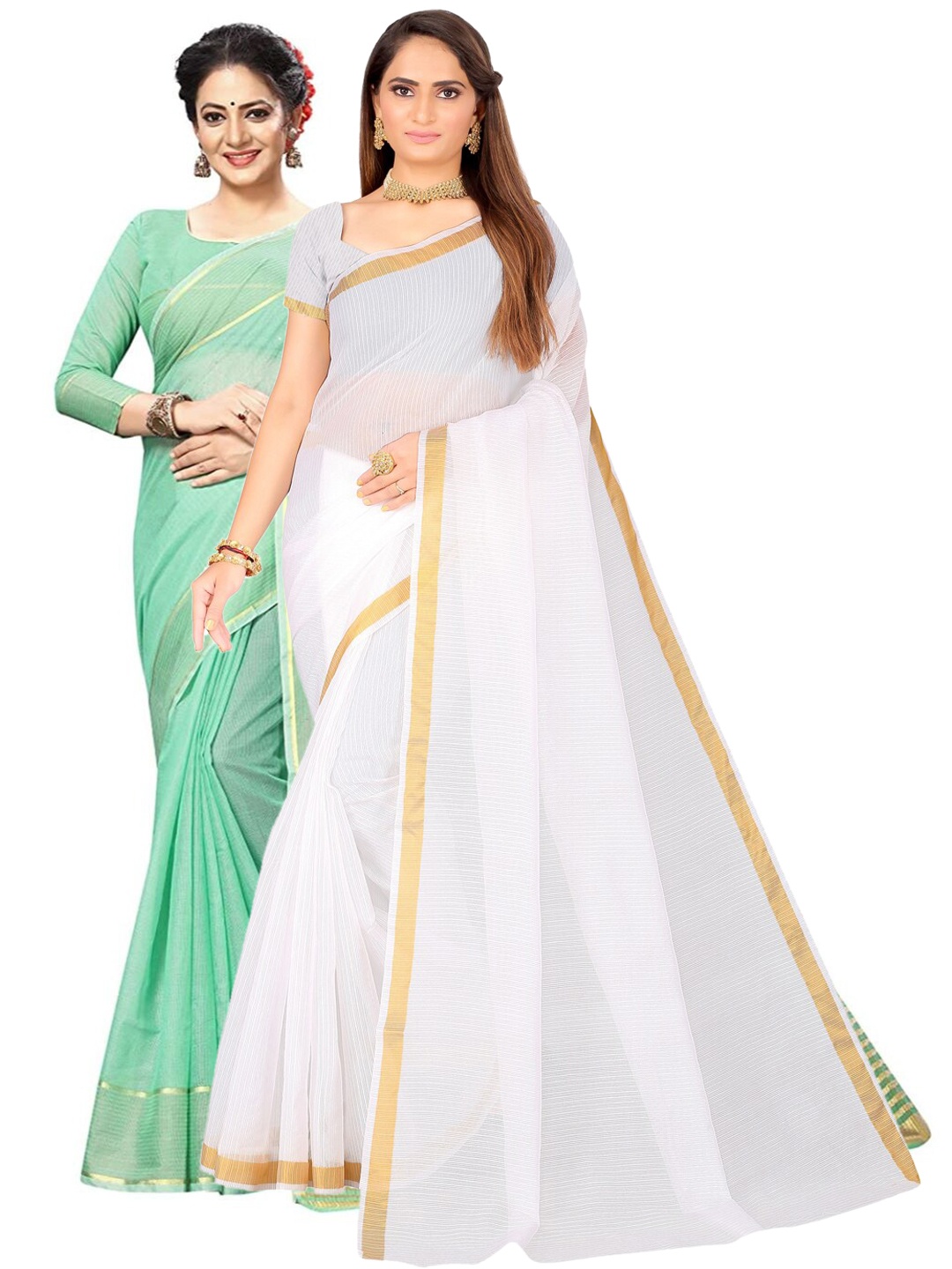 

KALINI Pack of 2 Zari Ilkal Saree, White