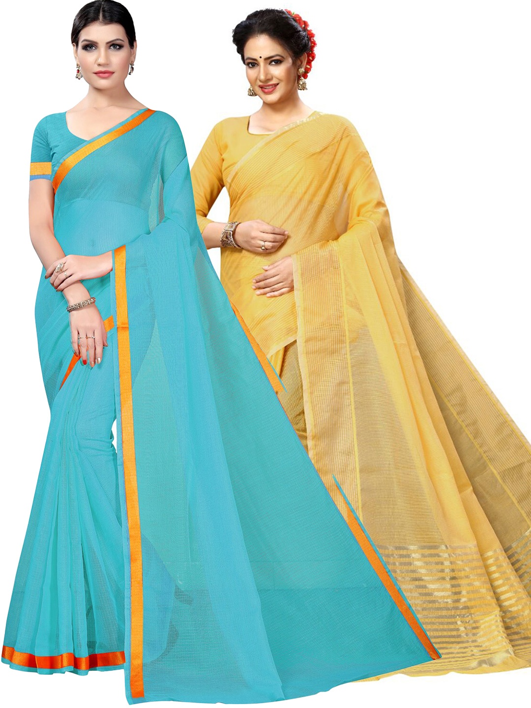 

KALINI Turquoise Blue & Yellow Zari Ilkal Saree