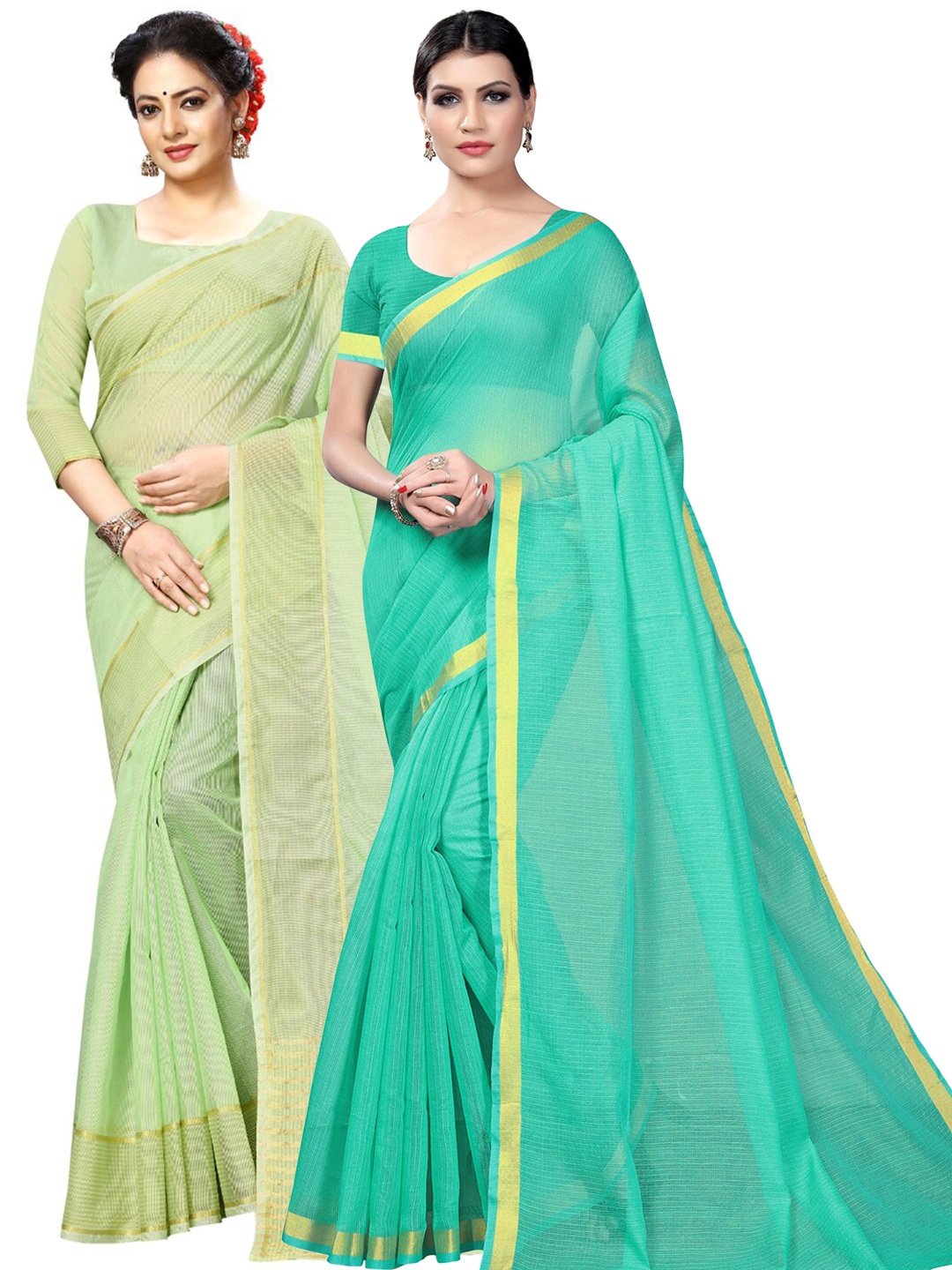 

KALINI Pack Of 2 Zari Ilkal Sarees, Lime green