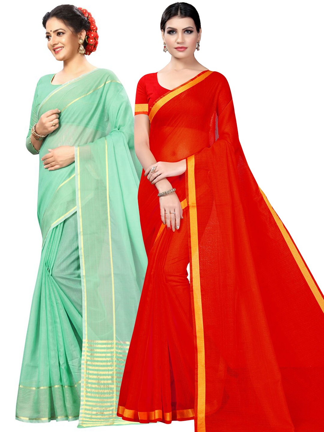 

KALINI Pack Of 2 Zari Ilkal Sarees, Red