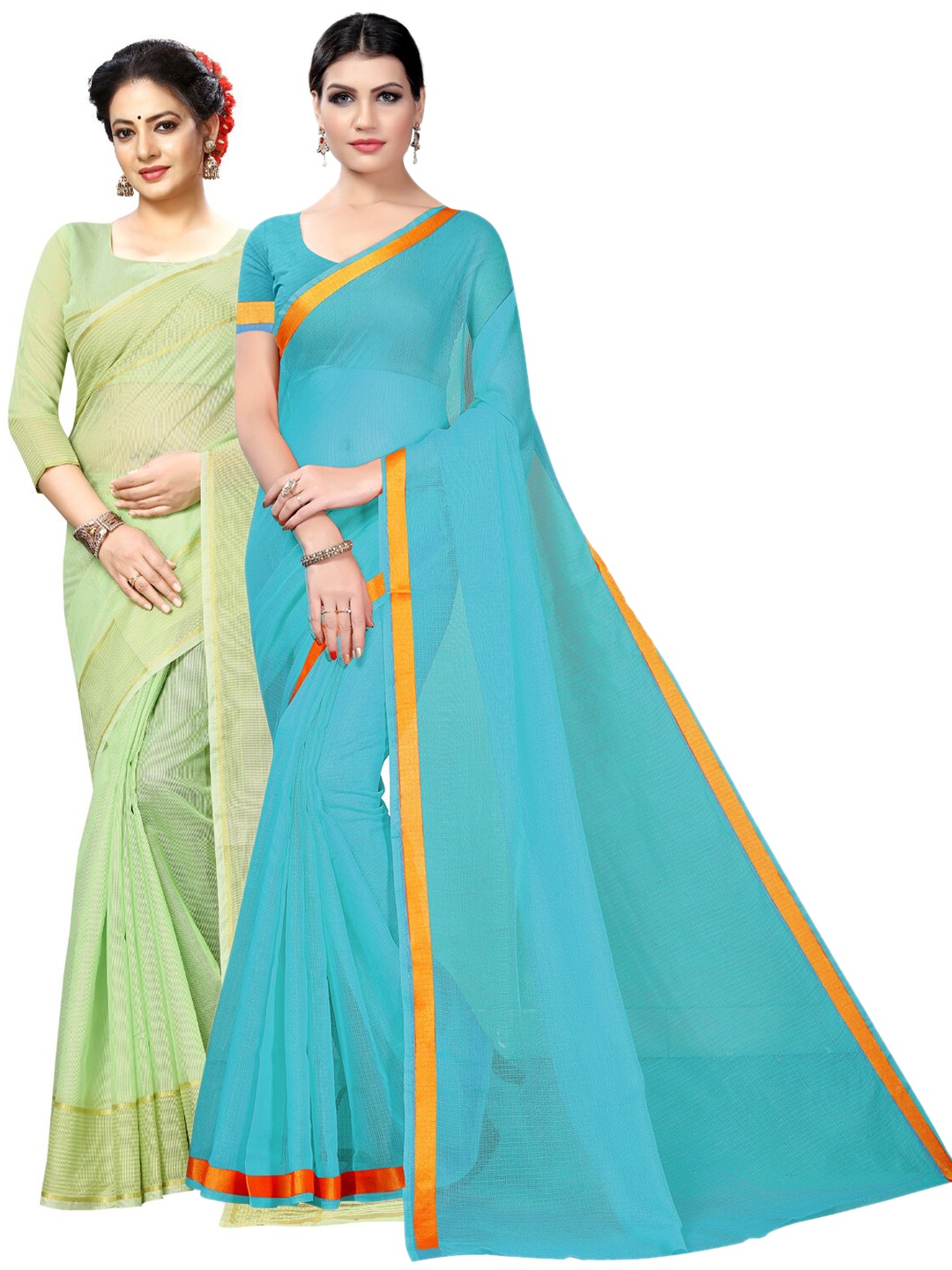 

KALINI Pack of 2 Zari Ilkal Saree, Turquoise blue