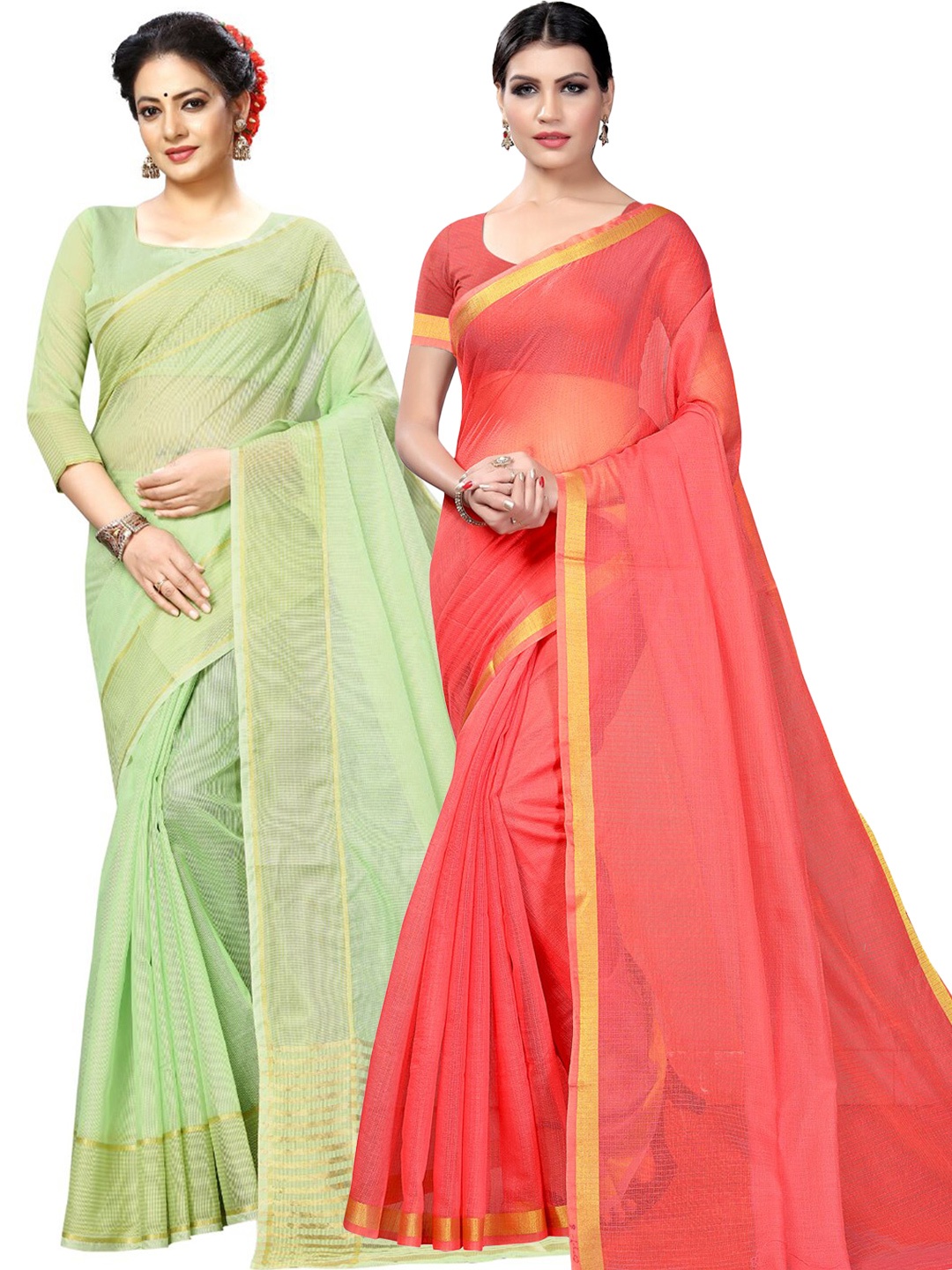 

KALINI Pack Of 2 Zari Ilkal Saree With Blouse, Peach