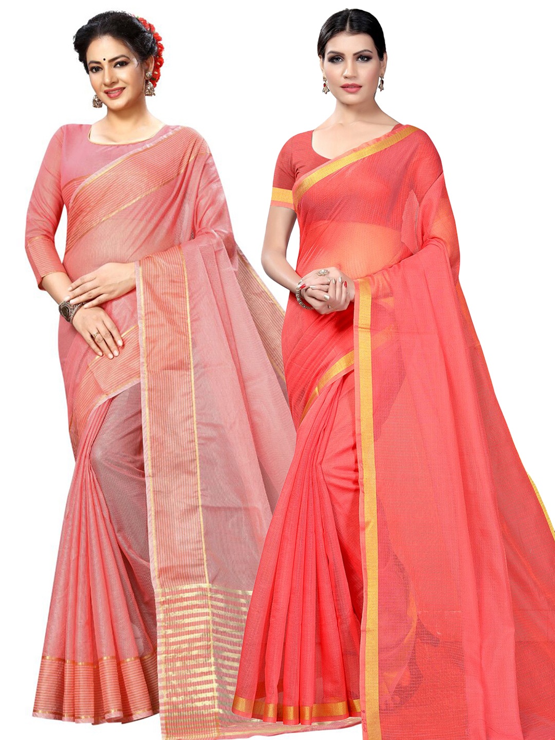 

KALINI Pack Of 2 Zari Ilkal Saree With Blouse, Peach