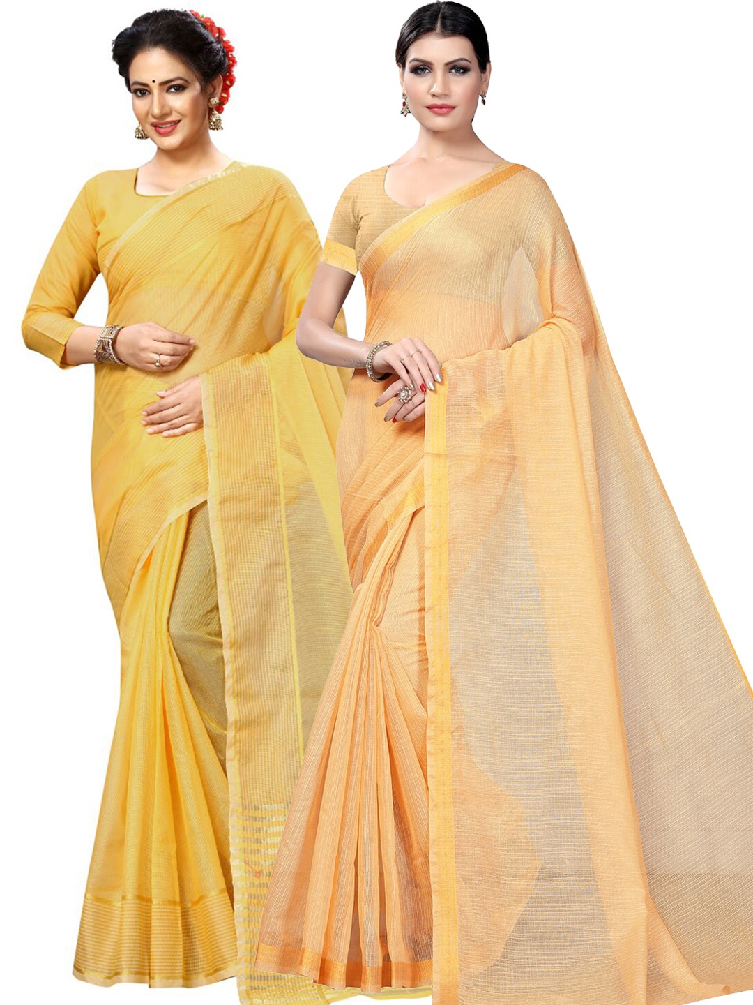 

KALINI Pack Of 2 Zari Ilkal Saree With Blouse, Yellow