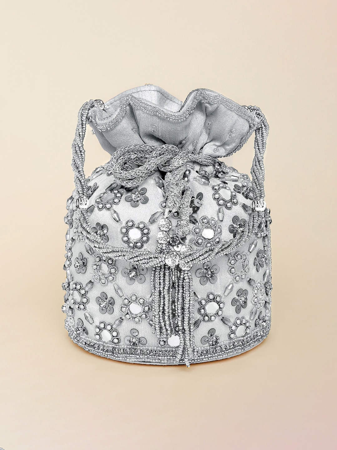 

Peora Embroidered Potli Clutch, Grey