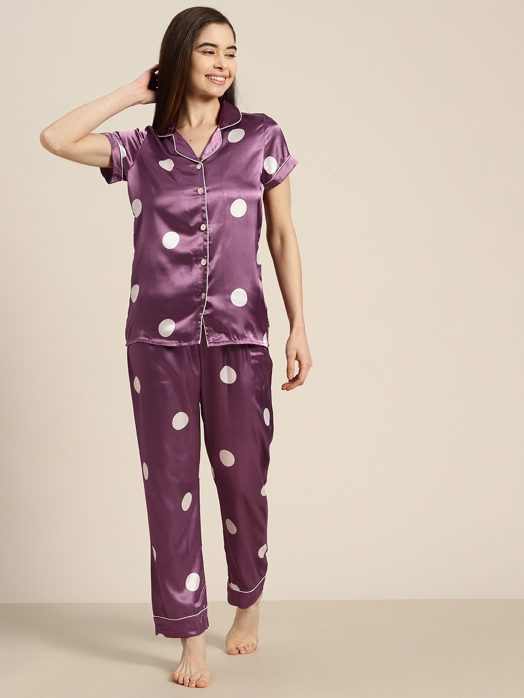 

Sweet Dreams Polka Dots Printed Satin Finish Pyjama Set, Purple