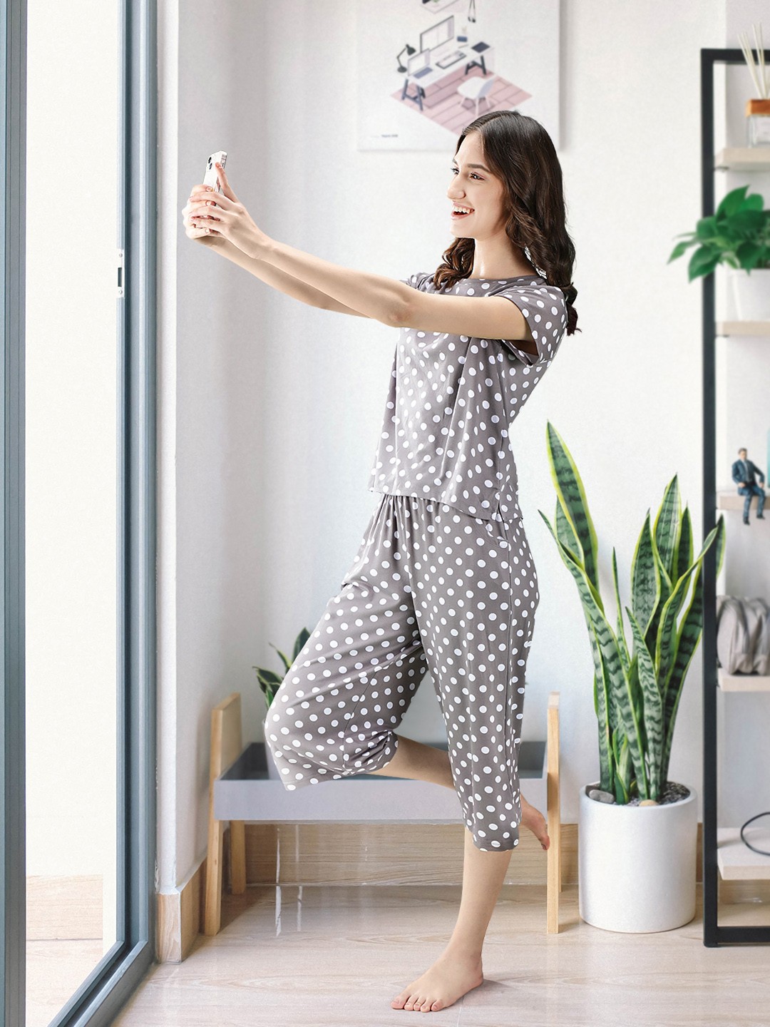 

Sweet Dreams Women Polka Dot Printed Night suit, Grey