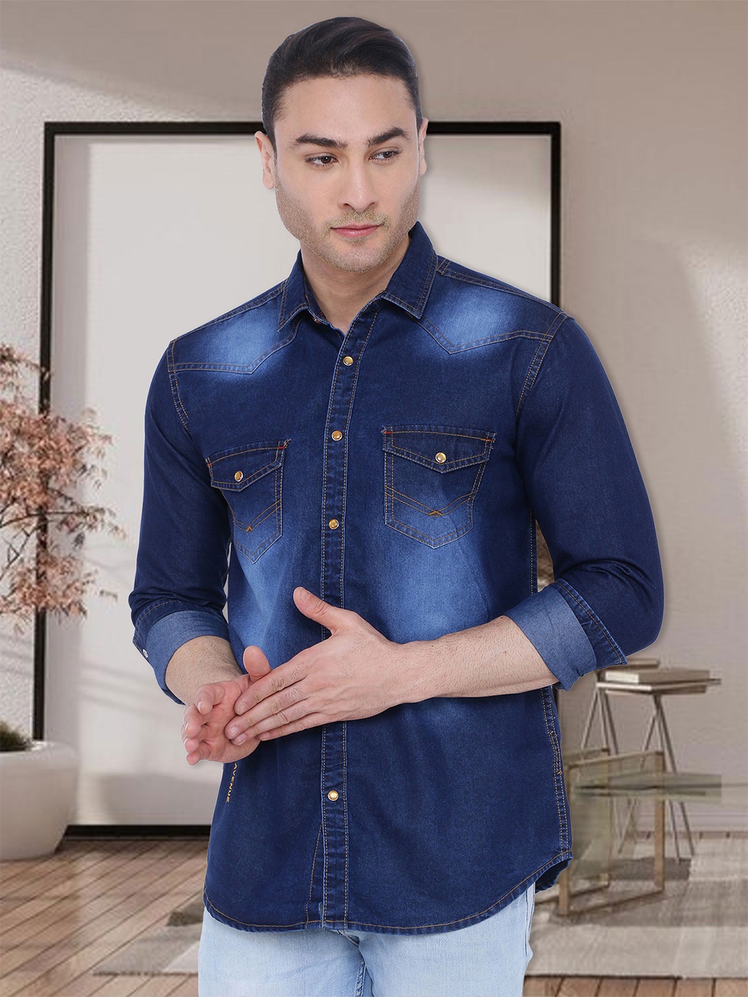 

Kuons Avenue Men Smart Slim Fit Faded Casual Shirt, Blue