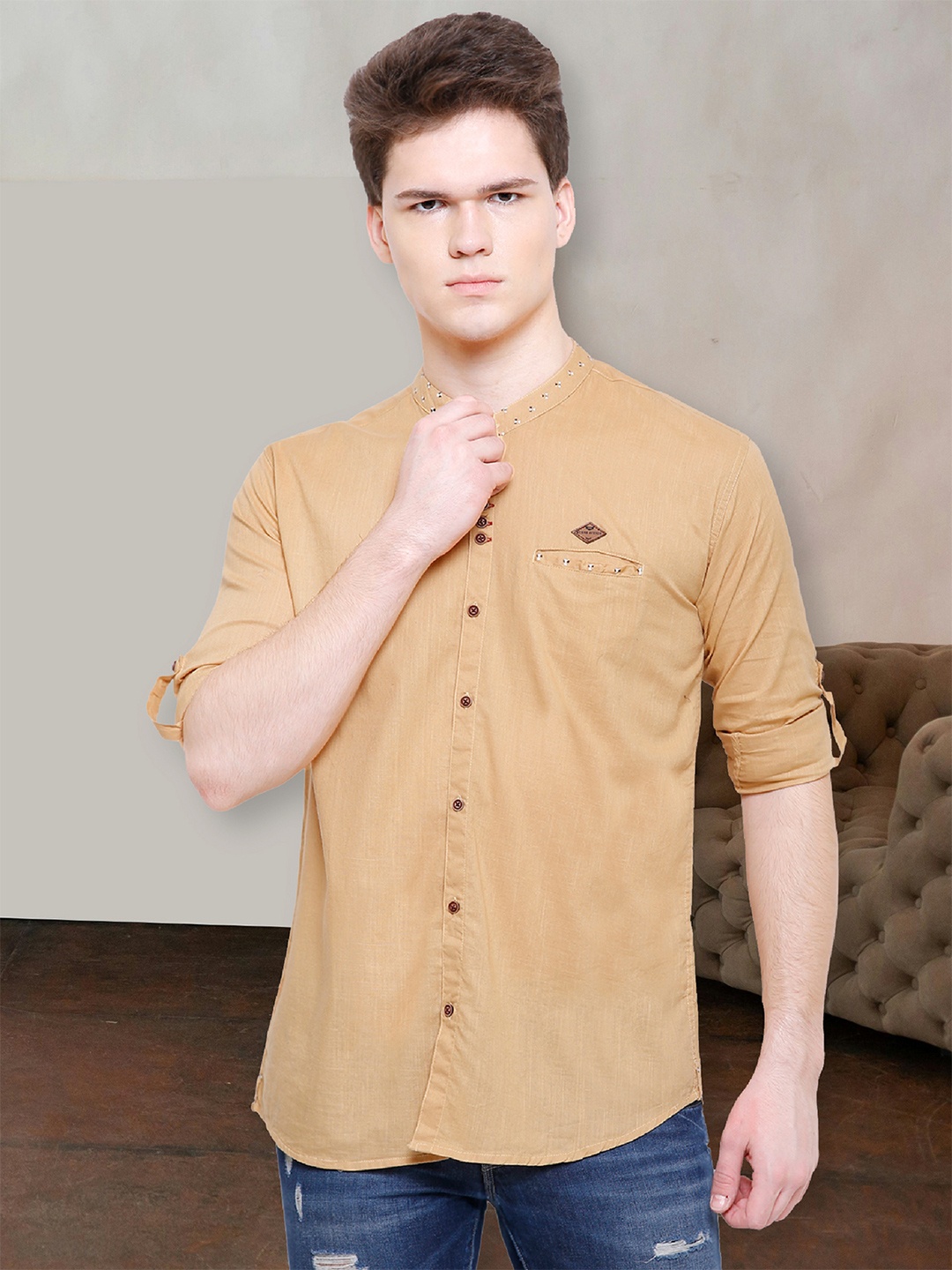 

Kuons Avenue Men Smart Slim Fit Cotton Linen Casual Shirt, Khaki