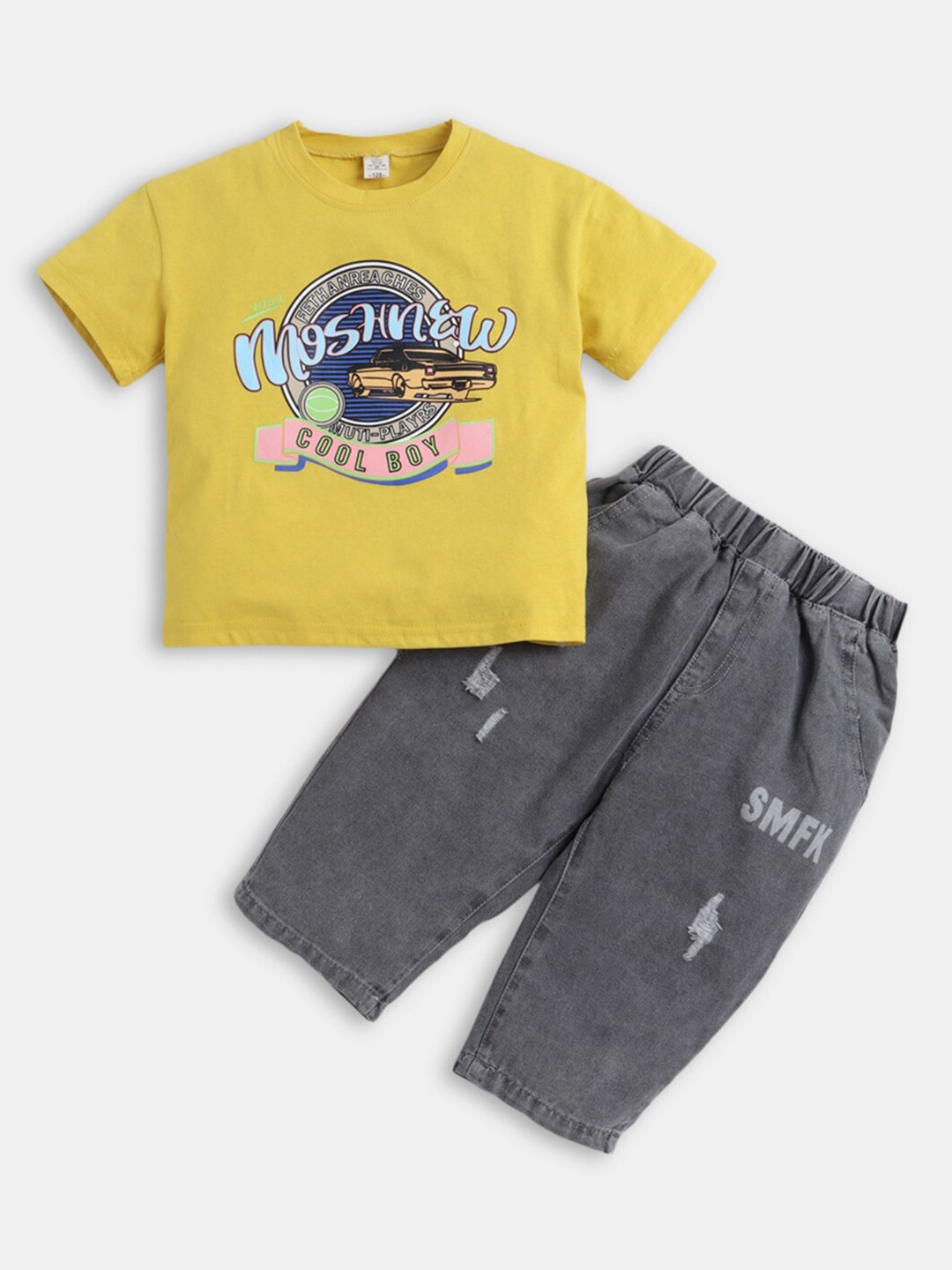 

Hopscotch Boys Yellow & Grey Printed T-shirt with Shorts